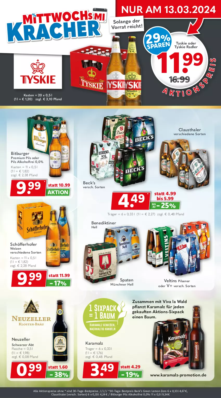 Aktueller Prospekt Getraenkeland - von 04.03 bis 16.03.2024 - strona 3 - produkty: aktionspreis, alkohol, aust, Bau, Benediktiner, bestpreis, bestpreise, bitburger, bitburger pils, burger, clausthaler, eis, elle, flasche, karamalz, malz, pils, pilsener, premium pils, radler, rama, reis, schöfferhofer, Spaten, Ti, tyskie, veltins, veltins pilsener