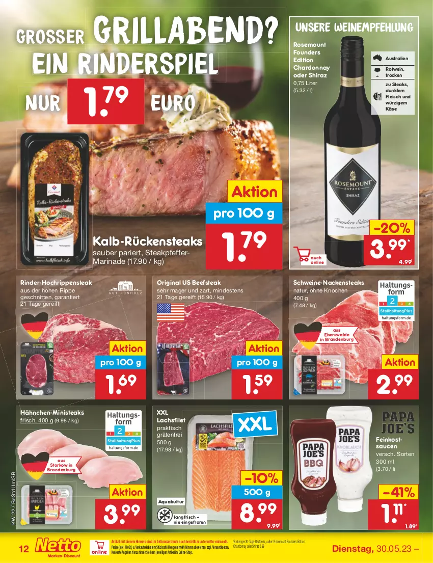 Aktueller Prospekt Netto Marken-Discount - Filial-Angebote - von 30.05 bis 03.06.2023 - strona 12 - produkty: aqua, aust, beef, bestpreis, chardonnay, eis, feinkost, filet, fleisch, gin, grill, Käse, lachs, lachsfilet, marinade, Nackensteak, nackensteaks, natur, ndk, pfeffer, reis, rind, rinder, Rippen, rotwein, Rückensteak, rückensteaks, sauce, saucen, schnitten, schwein, schweine, steak, steaks, Ti, tisch, wein, weine