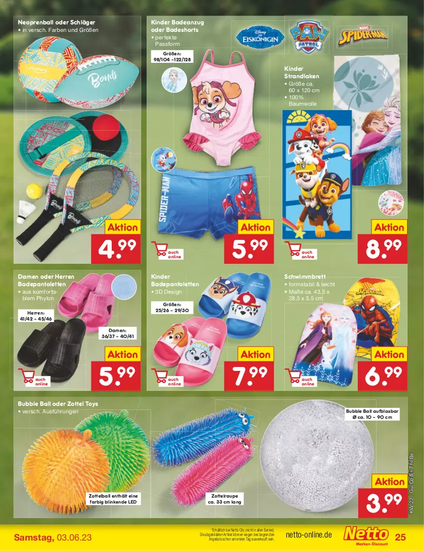 Aktueller Prospekt Netto Marken-Discount - Filial-Angebote - von 30.05 bis 03.06.2023 - strona 25 - produkty: angebot, Anzug, Bad, badeanzug, badeshorts, ball, Bau, baumwolle, Hylo, Kinder, pantolette, pantoletten, shorts, strandlaken, Ti, wolle, zott, ZTE