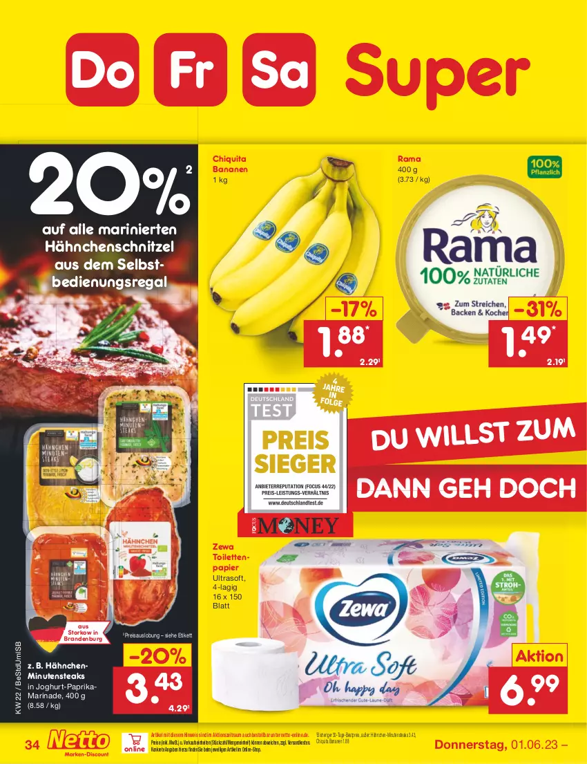 Aktueller Prospekt Netto Marken-Discount - Filial-Angebote - von 30.05 bis 03.06.2023 - strona 34 - produkty: banane, bananen, bestpreis, chiquita, eis, Hähnchenschnitzel, joghur, joghurt, marinade, minutensteaks, ndk, papier, paprika, rama, regal, reis, schnitzel, steak, steaks, Ti, toilettenpapier, zewa