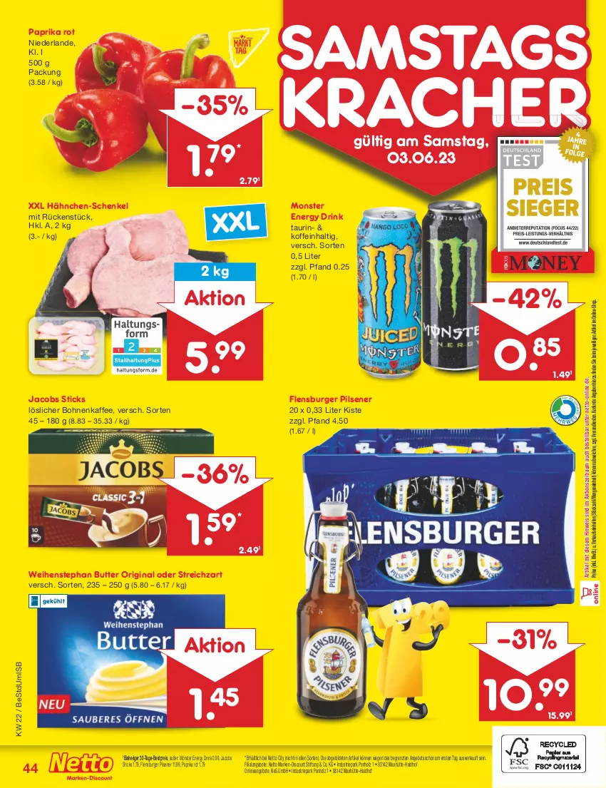 Aktueller Prospekt Netto Marken-Discount - Filial-Angebote - von 30.05 bis 03.06.2023 - strona 44 - produkty: angebot, angebote, bestpreis, bohne, bohnen, bohnenkaffee, burger, butter, discount, drink, eis, energy drink, flensburger, gin, hähnchen-schenkel, henkel, Holz, jacobs, kaffee, kracher, löslicher bohnenkaffee, marken-discount, monster, Monster Energy, ndk, paprika, paprika rot, pils, pilsener, reis, schenkel, Streichzart, Ti, weihenstephan, ZTE