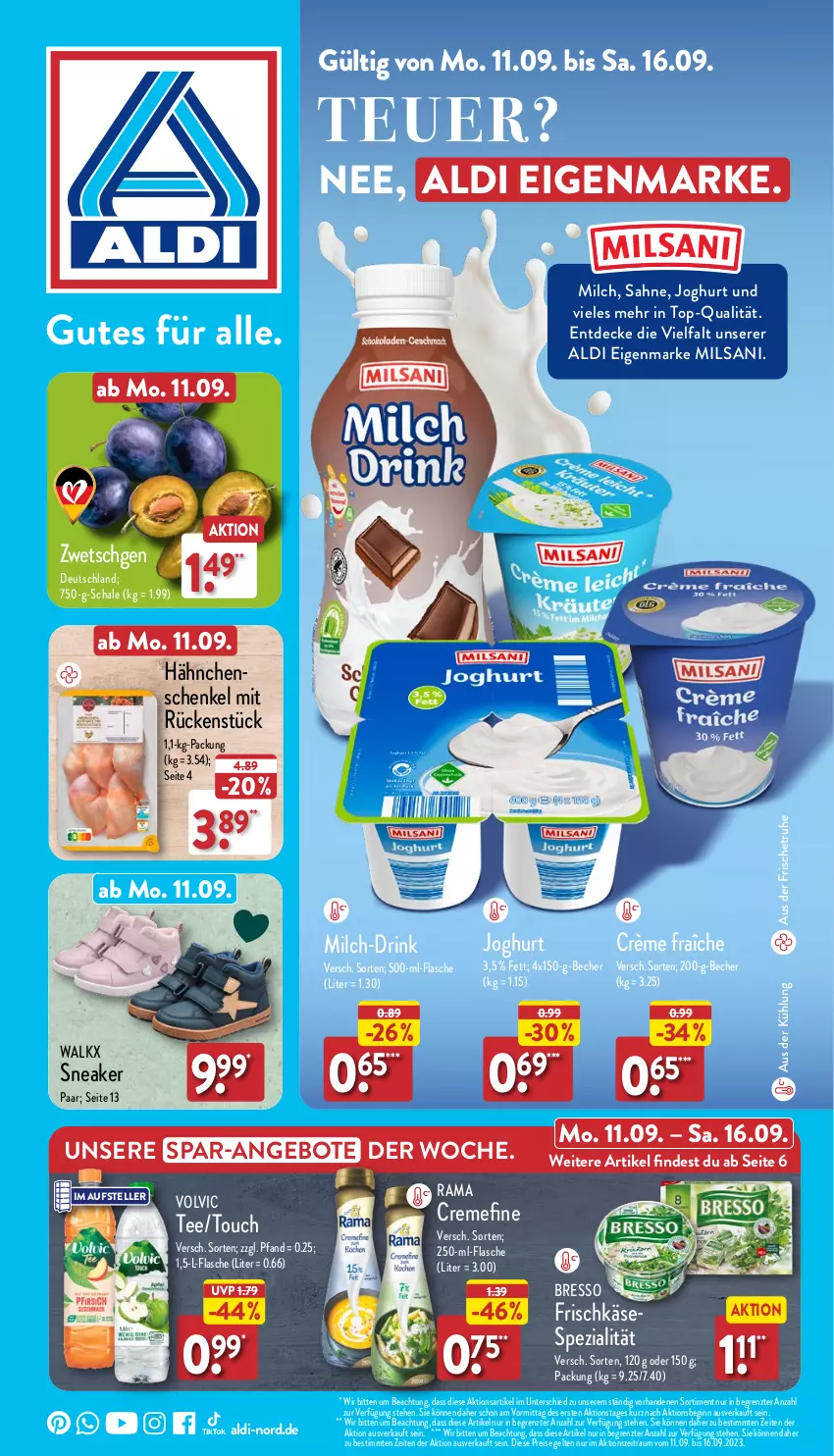 Aktueller Prospekt Aldi Nord - Von Montag - von 11.09 bis 16.09.2023 - strona 1 - produkty: aldi, angebot, angebote, Becher, bresso, creme, crème fraîche, decke, drink, eis, elle, flasche, frischkäse, gin, hähnchenschenkel, henkel, joghur, joghurt, Käse, milch, rama, rama cremefine, reis, sahne, Schal, Schale, schenkel, sneaker, Spezi, tee, teller, Ti, volvic, walkx, ZTE