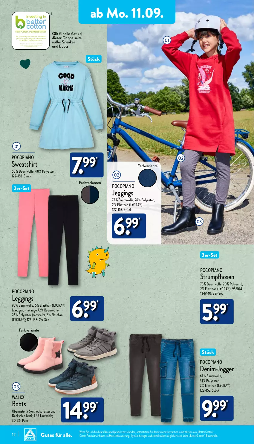 Aktueller Prospekt Aldi Nord - Von Montag - von 11.09 bis 16.09.2023 - strona 12 - produkty: Bau, baumwolle, bett, decksohle, eis, Elan, gin, hose, hosen, leggings, obermaterial synthetik, pocopiano, Ria, rum, rwe, shirt, sneaker, Strumpfhose, Sweatshirt, Ti, walkx, wolle