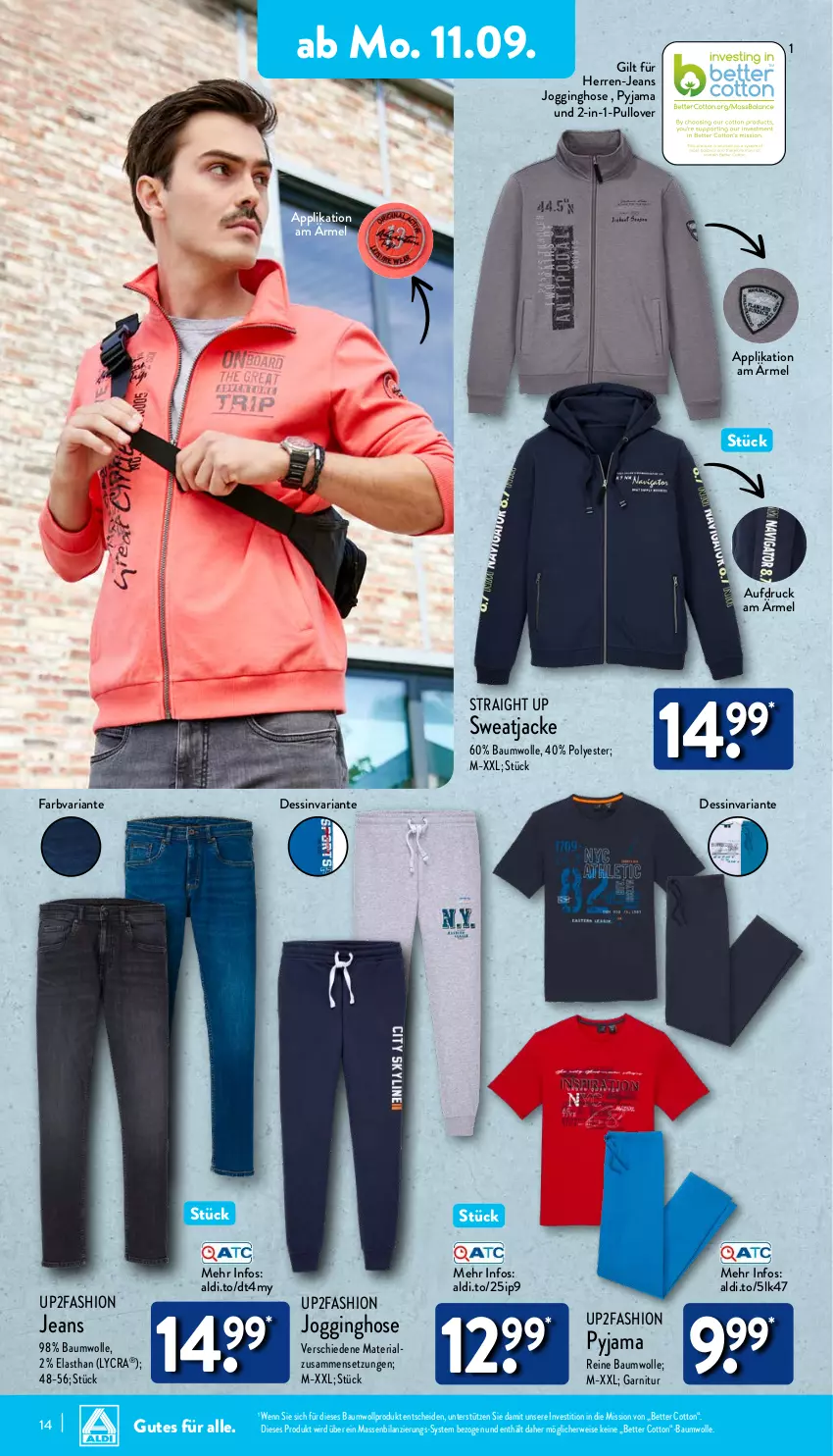 Aktueller Prospekt Aldi Nord - Von Montag - von 11.09 bis 16.09.2023 - strona 14 - produkty: aldi, Bau, baumwolle, bett, eis, garnitur, gin, herren-jeans, hose, Jacke, jeans, Jogginghose, Pullover, Pyjama, reine baumwolle, Ria, rwe, sweatjacke, Ti, up2fashion, wolle