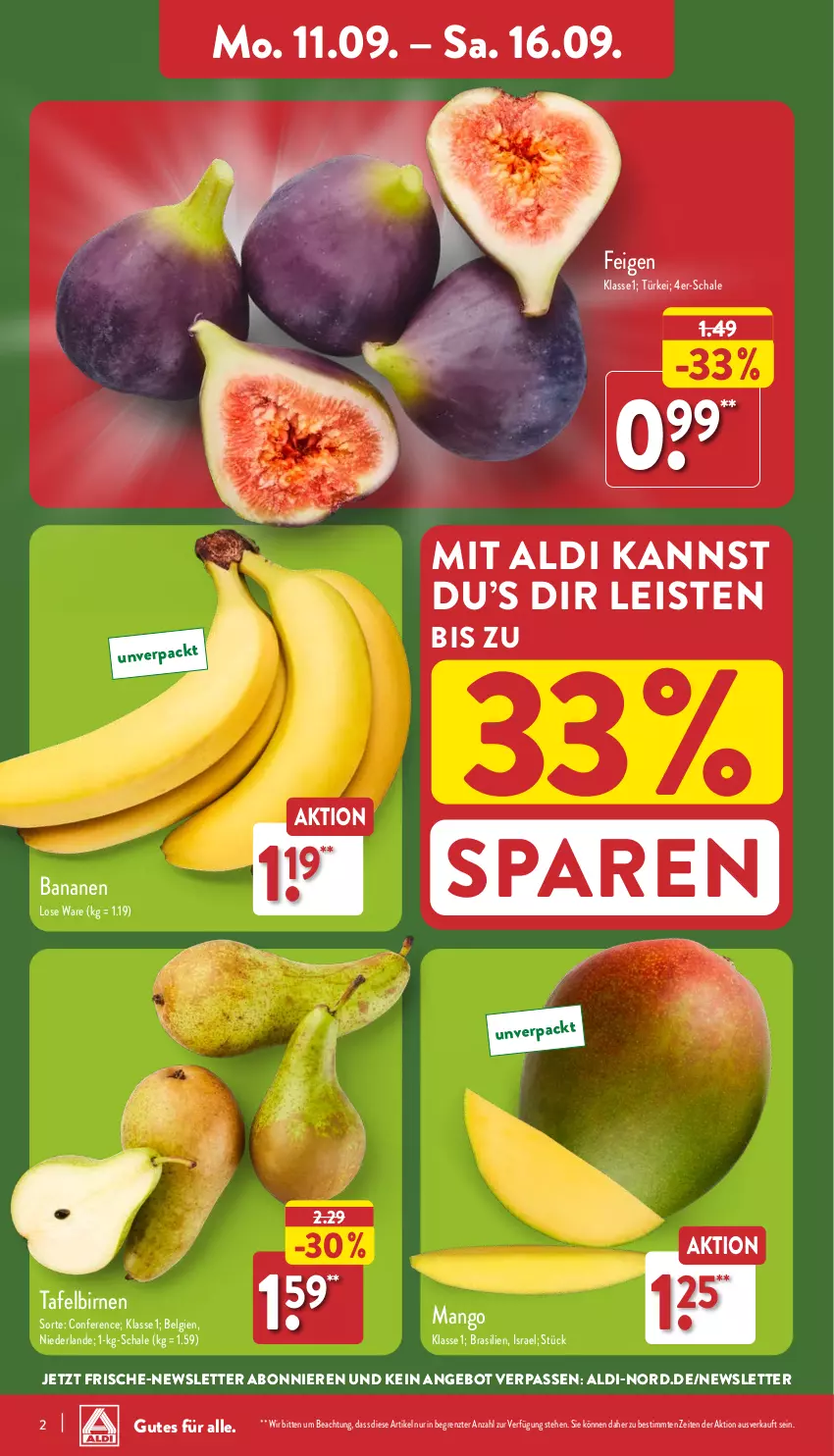 Aktueller Prospekt Aldi Nord - Von Montag - von 11.09 bis 16.09.2023 - strona 2 - produkty: aldi, angebot, banane, bananen, Birnen, eis, Feigen, LG, mango, Schal, Schale, tafelbirnen, Ti, ZTE