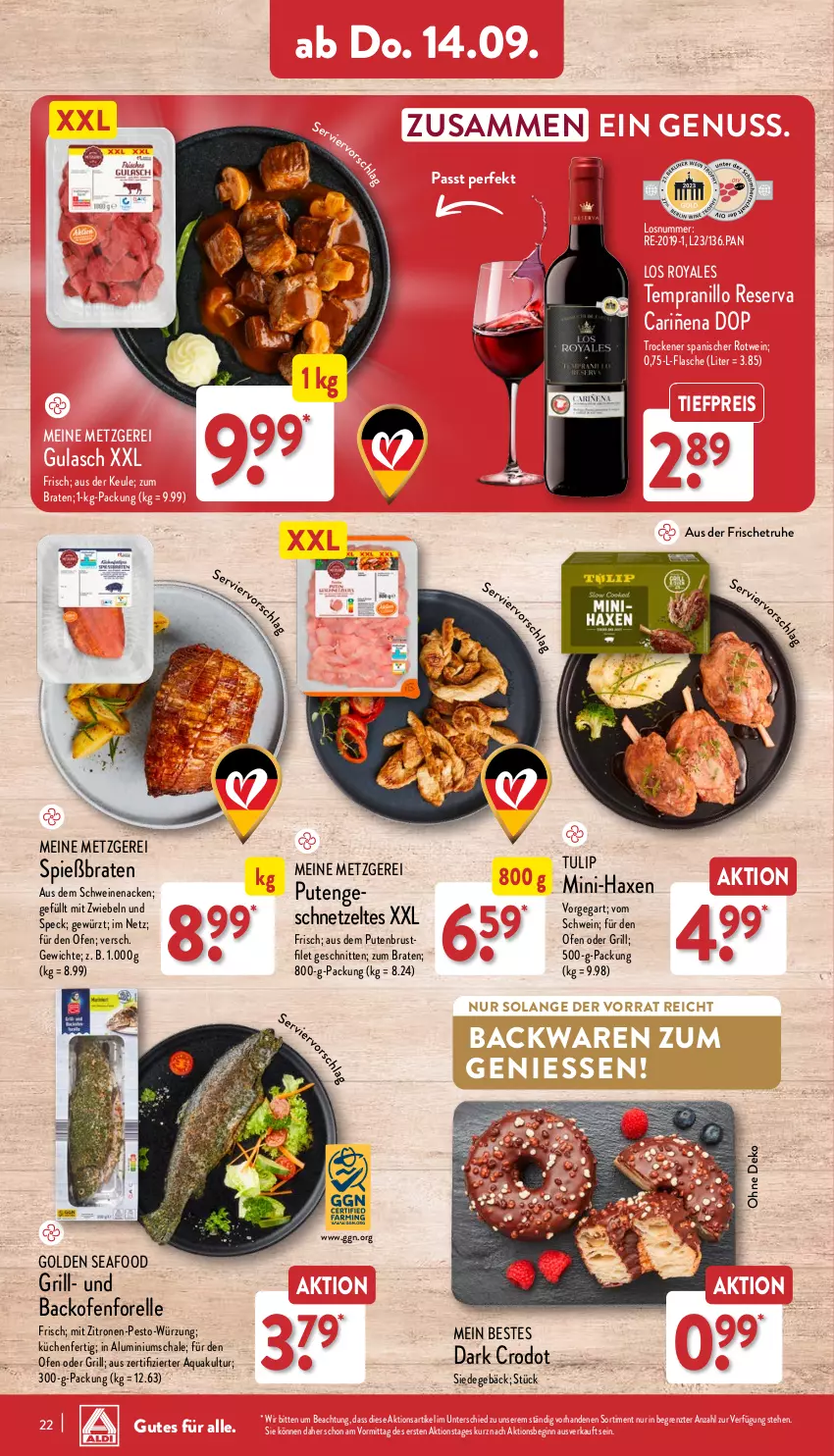 Aktueller Prospekt Aldi Nord - Von Montag - von 11.09 bis 16.09.2023 - strona 22 - produkty: aqua, axe, backofen, backwaren, braten, eis, elle, filet, flasche, forelle, gewürz, gin, grill, gulasch, Haxe, küche, Küchen, mit zwiebeln, nuss, Ofen, pesto, pute, putenbrust, reis, rel, rotwein, Schal, Schale, schnitten, schwein, schweine, schweinenacken, Speck, tempranillo, Ti, tiefpreis, tulip, wein, weine, Zelt, zitrone, zitronen, ZTE, zwiebel, zwiebeln