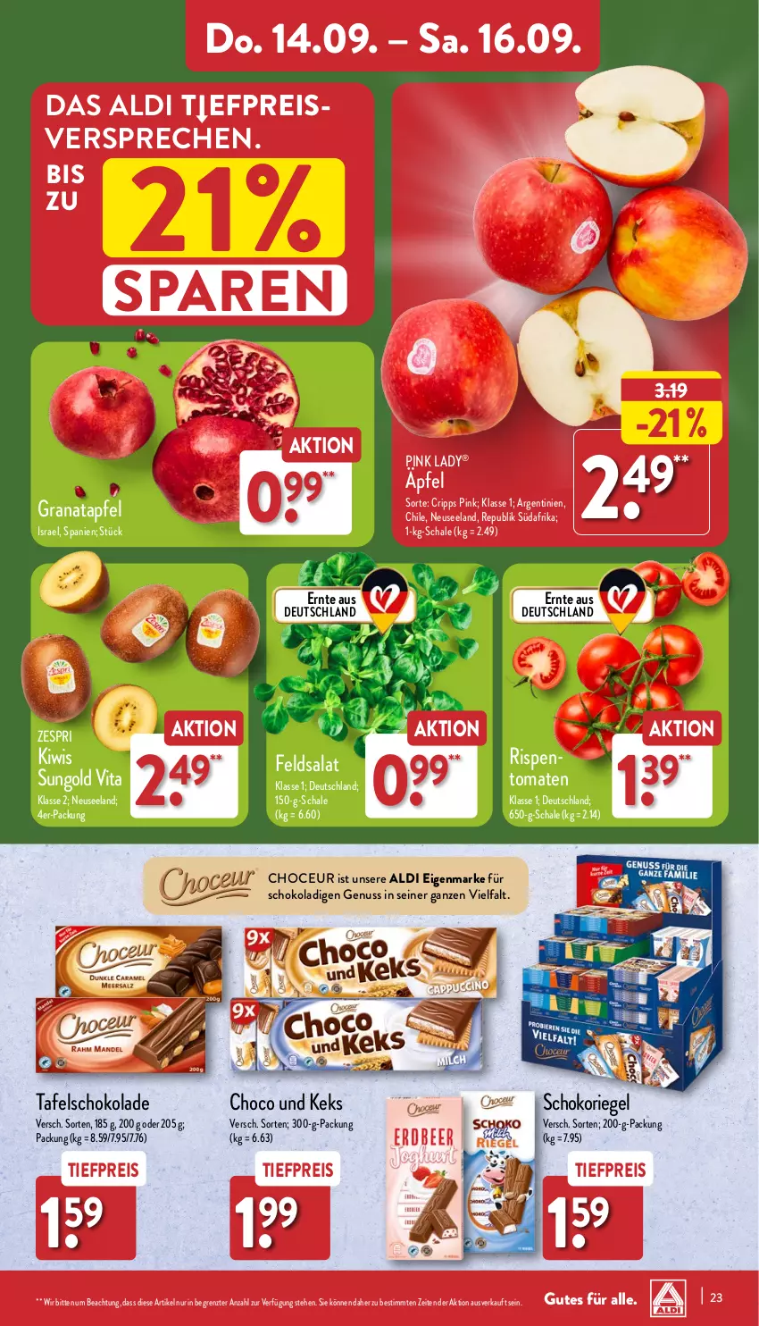 Aktueller Prospekt Aldi Nord - Von Montag - von 11.09 bis 16.09.2023 - strona 23 - produkty: aldi, apfel, eis, Elan, feldsalat, grana, granatapfel, keks, kiwi, nuss, Pink Lady, Rana, reis, riegel, salat, Schal, Schale, schoko, schokolade, schokoriegel, tafelschokolade, Ti, tiefpreis, tomate, tomaten, vita, zespri, ZTE