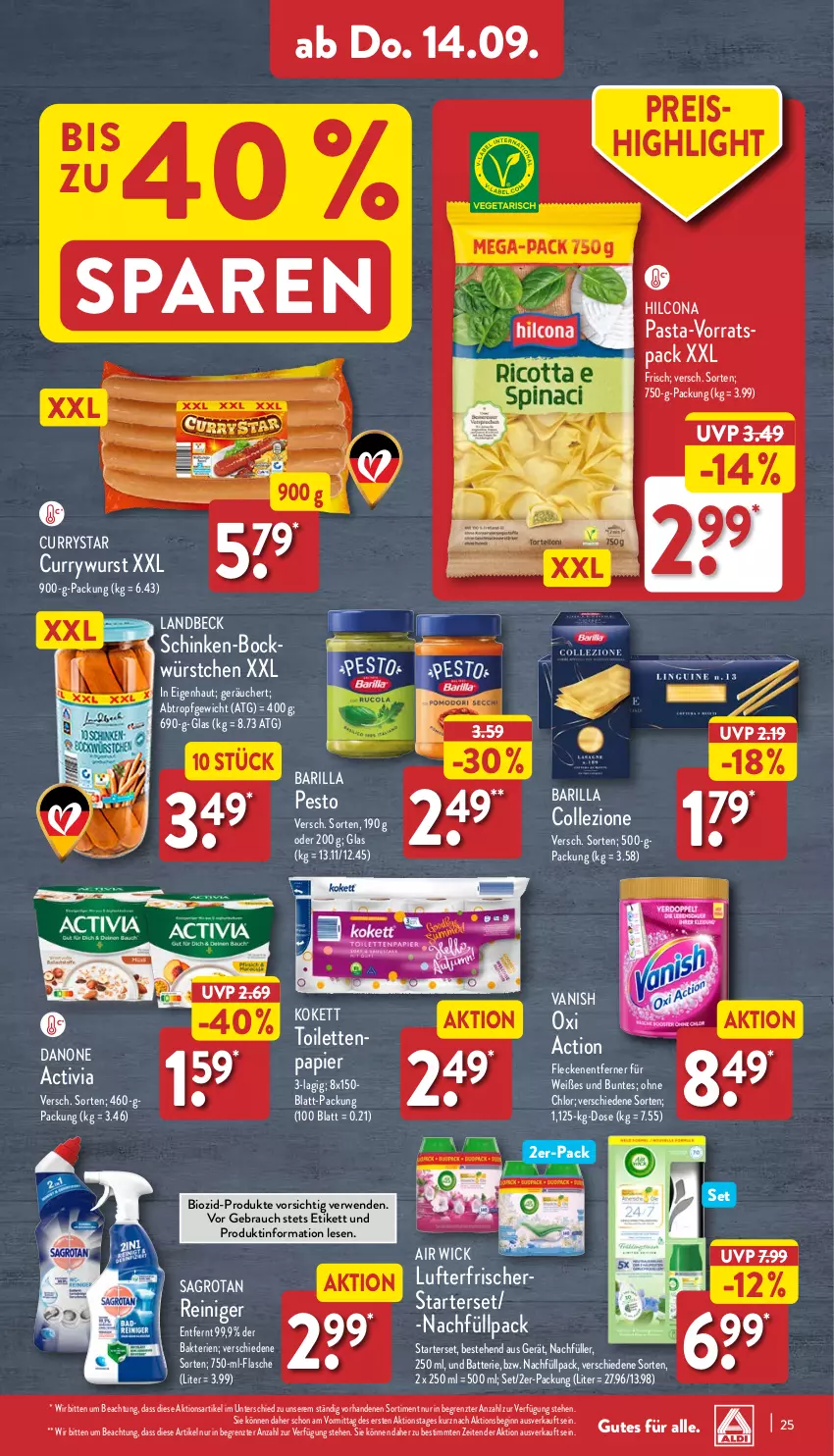 Aktueller Prospekt Aldi Nord - Von Montag - von 11.09 bis 16.09.2023 - strona 25 - produkty: activia, Air Wick, barilla, batterie, bio, curry, currywurst, danone, danone activia, eis, flasche, Fleckenentferner, gin, hilcona, lufterfrischer, oxi action, papier, pasta, pesto, Rauch, reiniger, reis, rwe, sagrotan, schinken, Ti, vanish, WICK, wurst, würstchen, ZTE