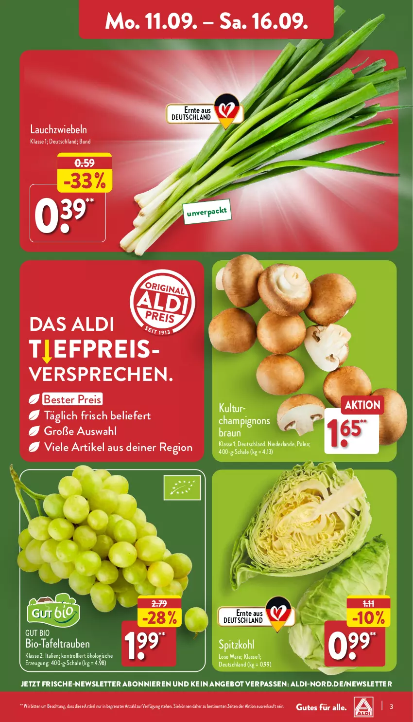 Aktueller Prospekt Aldi Nord - Von Montag - von 11.09 bis 16.09.2023 - strona 3 - produkty: aldi, angebot, bio, braun, champignon, champignons, champignons braun, eis, Lauchzwiebel, lauchzwiebeln, reis, Schal, Schale, spitzkohl, tafeltrauben, Ti, trauben, trolli, ZTE, zwiebel, zwiebeln