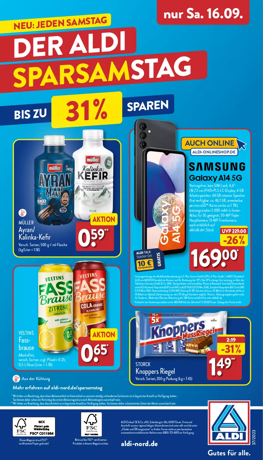 Aktueller Prospekt Aldi Nord - Von Montag - von 11.09 bis 16.09.2023 - strona 33 - produkty: akku, aldi, aldi talk, alkohol, auto, Ayran, brause, eis, fassbrause, flasche, frontkamera, Germ, gin, hardware, hauptkamera, kamera, Kefir, knoppers, magazin, medion, microsd, Müller, papier, reis, riegel, ring, rwe, sim, storck, telefon, Ti, veltins, ZTE