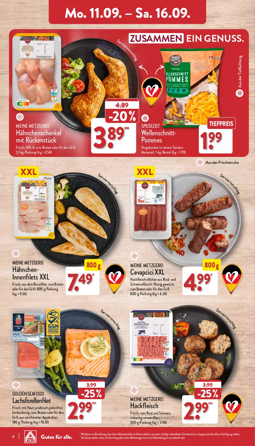 Aktueller Prospekt Aldi Nord - Von Montag - von 11.09 bis 16.09.2023 - strona 4 - produkty: aqua, aus der tiefkühlung, beutel, blume, blumen, blumenöl, braten, brustfilet, cevapcici, eis, elle, filet, filets, fleisch, forelle, geback, gewürz, gin, grill, hackfleisch, hähnchenschenkel, henkel, küche, Küchen, lachs, nuss, pommes, reis, rel, rind, rwe, schenkel, schwein, schweine, schweinefleisch, Ti, tiefpreis, tisch, wein, weine, ZTE