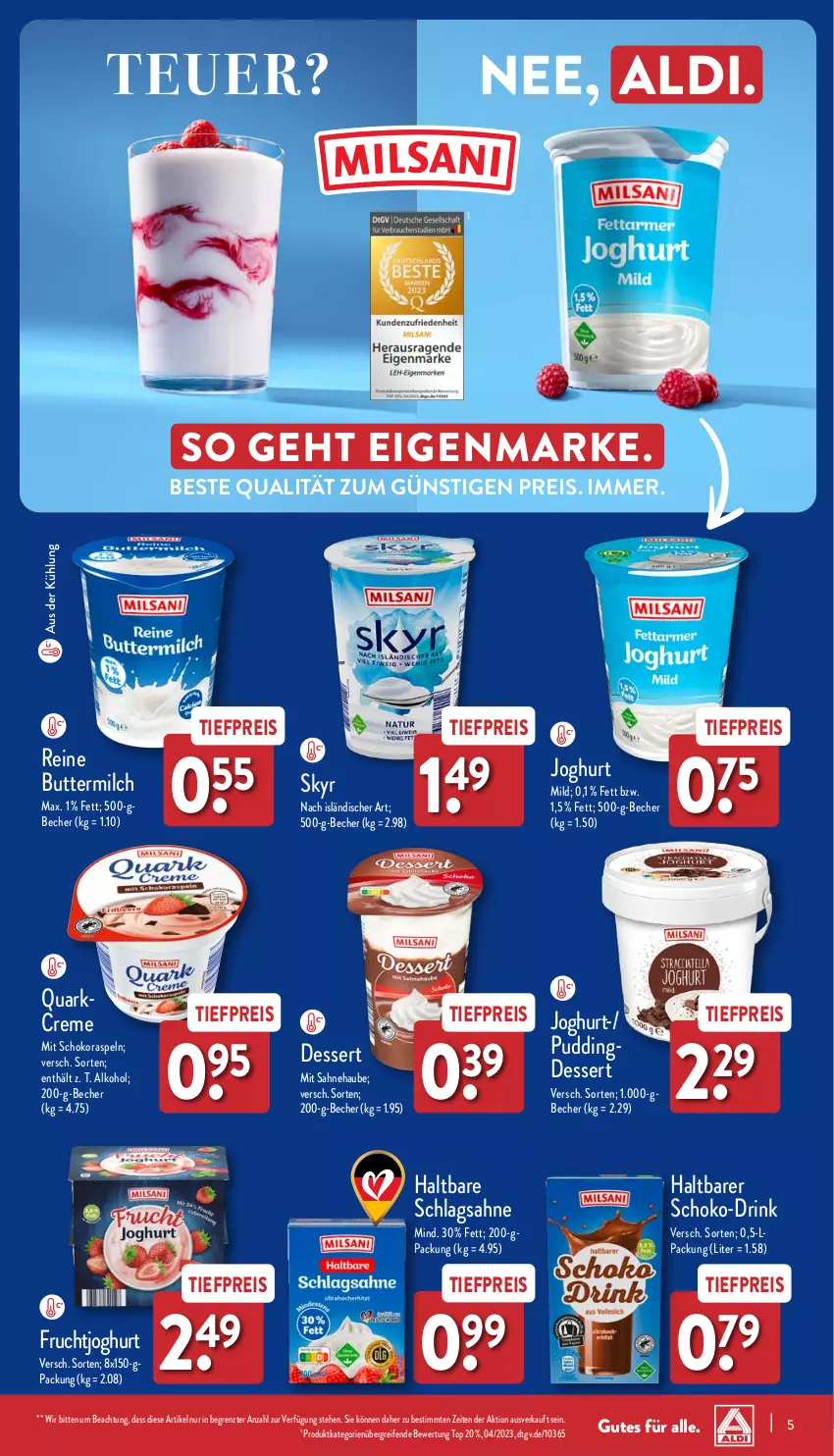 Aktueller Prospekt Aldi Nord - Von Montag - von 11.09 bis 16.09.2023 - strona 5 - produkty: aldi, alkohol, Becher, butter, buttermilch, creme, dessert, drink, eis, frucht, fruchtjoghurt, joghur, joghurt, joghurt mild, milch, pudding, quark, reifen, reine buttermilch, reis, sahne, schlagsahne, schoko, Skyr, Ti, tiefpreis, ZTE