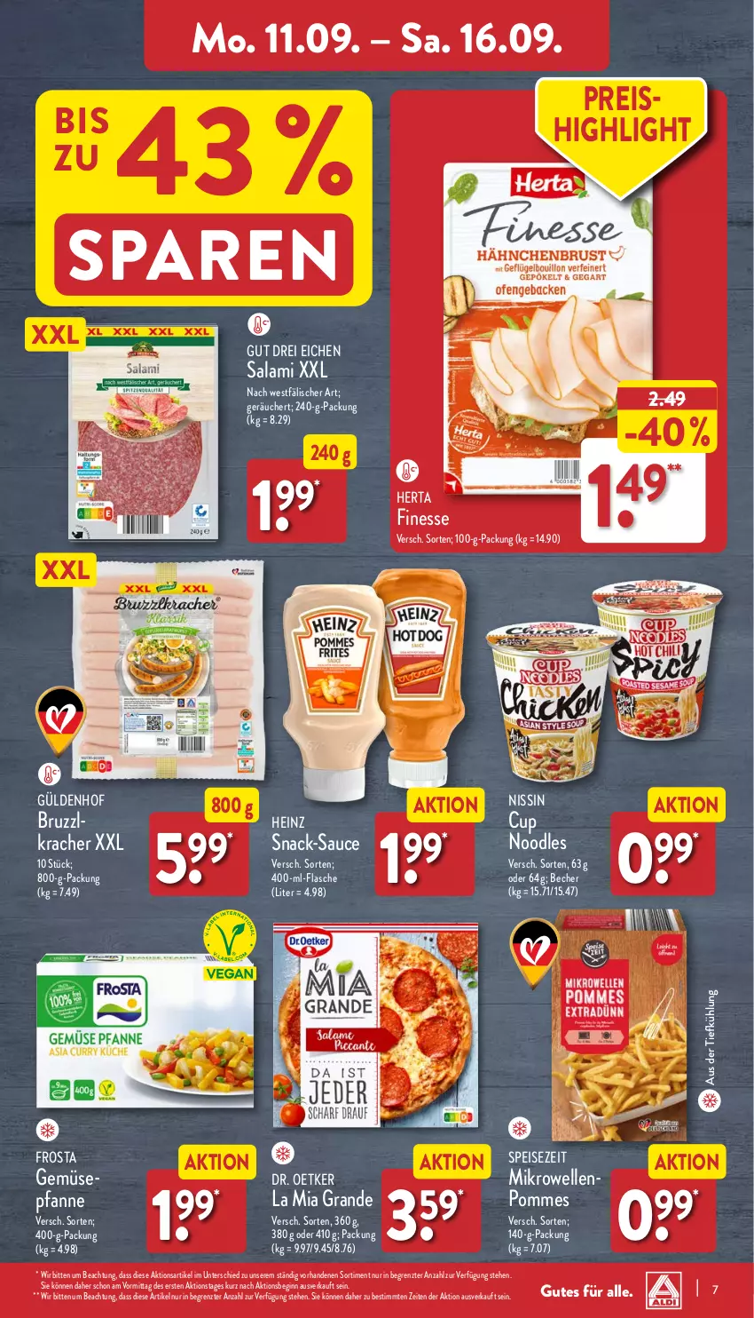 Aktueller Prospekt Aldi Nord - Von Montag - von 11.09 bis 16.09.2023 - strona 7 - produkty: aus der tiefkühlung, Becher, Dr. Oetker, eis, elle, finesse, flasche, frosta, gin, heinz, herta, herta finesse, kracher, mikrowelle, Nissin, pfanne, pommes, reis, salami, sauce, snack, Ti, ZTE