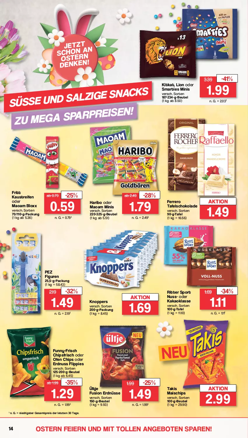 Aktueller Prospekt Famila - Prospekte - von 18.03 bis 23.03.2024 - strona 14 - produkty: angebot, angebote, aust, beutel, chips, chipsfrisch, eier, eis, erdnuss, erdnüsse, ferrero, flippies, funny-frisch, haribo, kakao, Kaustreifen, kitkat, knoppers, lion, mais, maoam, nuss, Ofen, reifen, reis, ritter, ritter sport, schoko, schokolade, smarties, Sport, tafelschokolade, Ti, ültje, ZTE