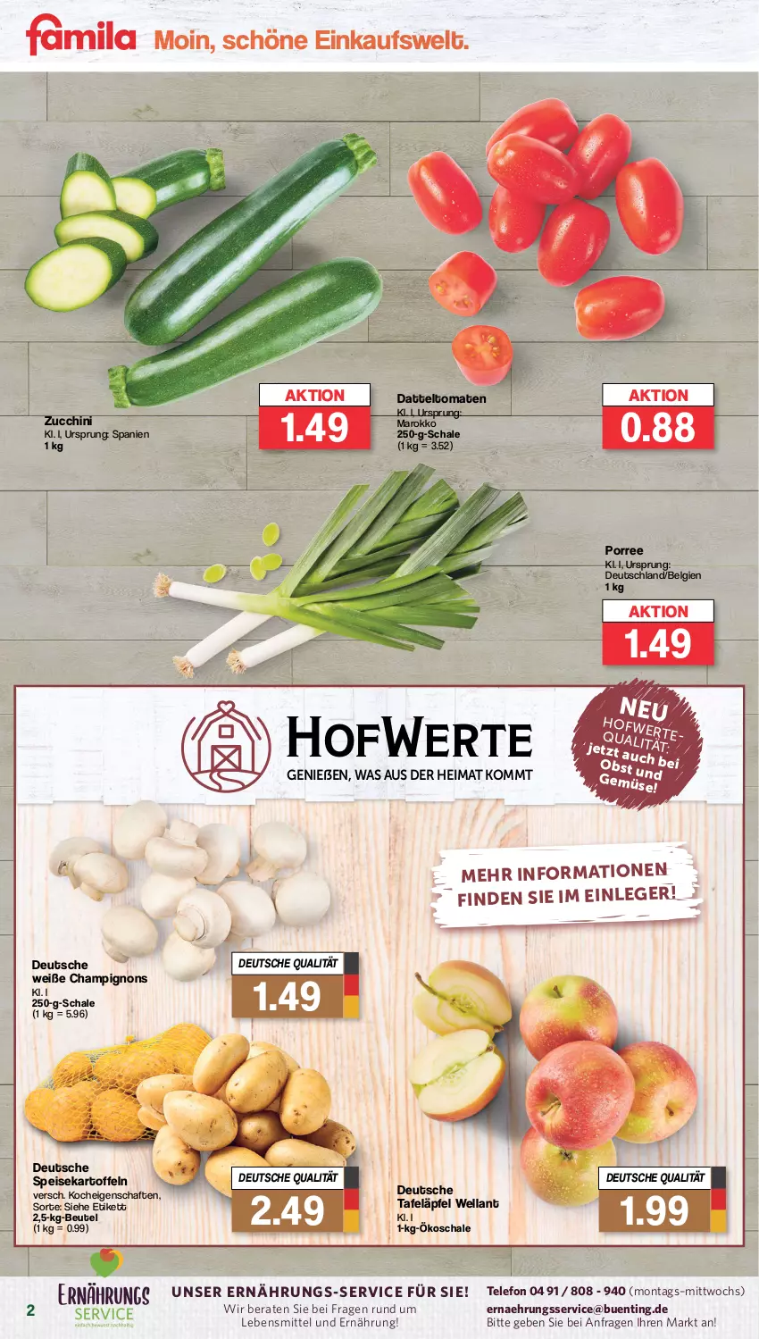 Aktueller Prospekt Famila - Prospekte - von 18.03 bis 23.03.2024 - strona 2 - produkty: beutel, champignon, champignons, datteltomaten, eis, kartoffel, kartoffeln, lebensmittel, LG, obst, Schal, Schale, speisekartoffeln, tafeläpfel, telefon, Ti, tomate, tomaten, Wella, zucchini