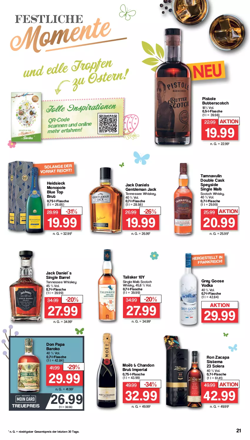 Aktueller Prospekt Famila - Prospekte - von 18.03 bis 23.03.2024 - strona 21 - produkty: brut, butter, Cap, eis, flasche, jack daniel, jack daniels, reis, rel, Ria, scotch, scotch whisky, single malt, tennessee whiskey, Ti, vodka, whiskey, whisky, ZTE