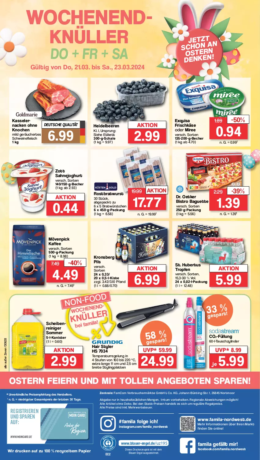 Aktueller Prospekt Famila - Prospekte - von 18.03 bis 23.03.2024 - strona 32 - produkty: angebot, angebote, auer, baguette, Becher, beere, beeren, Bistro Baguette, bratwurst, Brei, Dr. Oetker, drucker, eier, eis, elle, Engel, exquisa, exquisa frischkäse, fleisch, frischkäse, heidelbeere, heidelbeeren, joghur, joghurt, kaffee, Käse, kasseler, kerze, latte, LG, miree, mövenpick, mövenpick kaffee, ndk, papier, pils, Rauch, regal, reiniger, reis, rostbratwurst, rwe, sahne, Sahnejoghurt, Schal, Schale, Scheibenreiniger, schwein, schweine, schweinefleisch, teller, Ti, wein, weine, wurst, würstchen, zott, ZTE