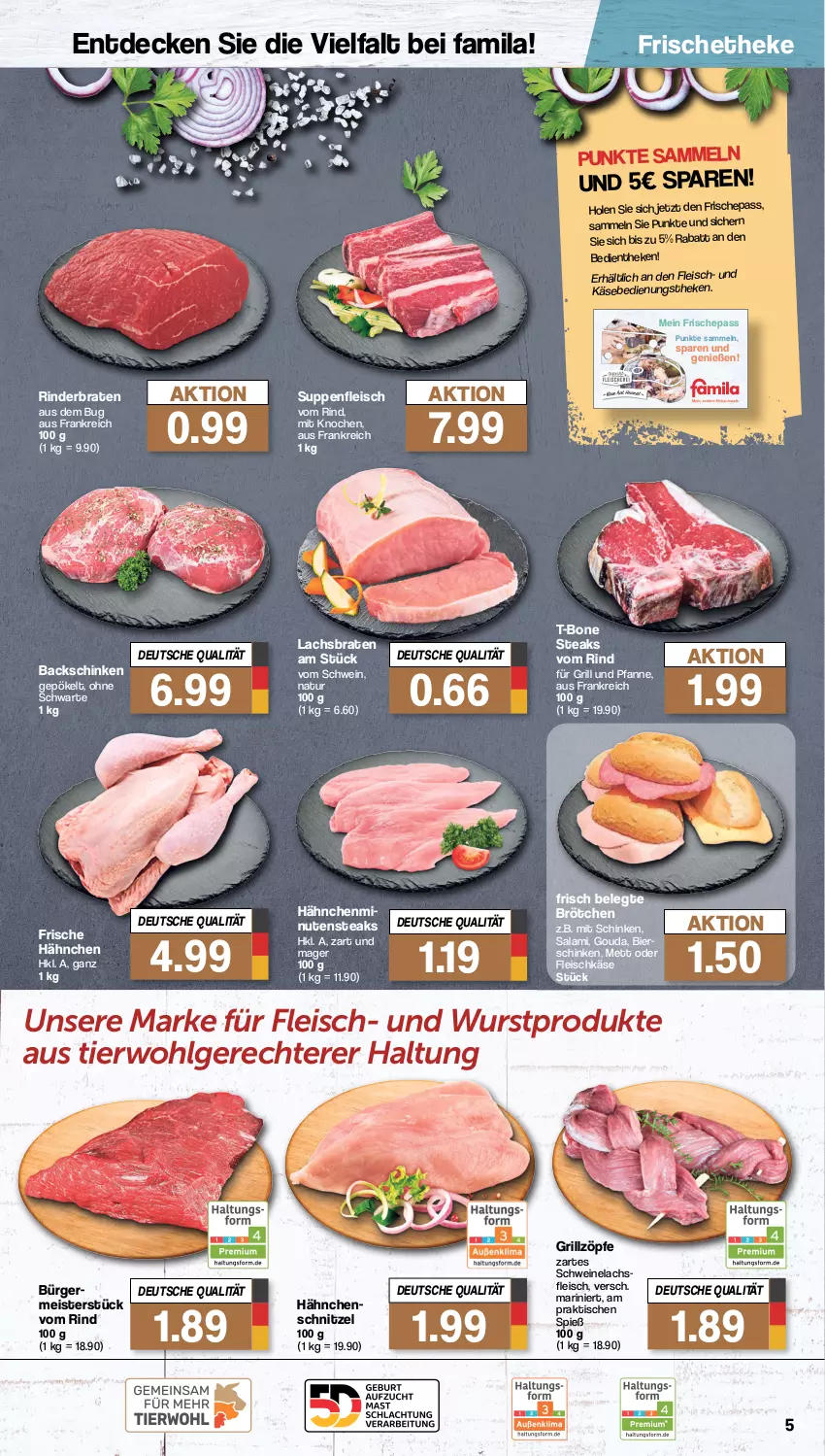 Aktueller Prospekt Famila - Prospekte - von 18.03 bis 23.03.2024 - strona 5 - produkty: bier, bierschinken, braten, brötchen, decke, eis, erde, fleisch, fleischkäse, Frische Hähnchen, für grill und pfanne, gouda, grill, grill und pfanne, Hähnchenschnitzel, Käse, lachs, Lachsbraten, LG, Meister, Mett, minutensteaks, natur, pfanne, rind, rinder, rinderbraten, salami, schinken, schnitzel, schwein, schweine, Schweinelachs, steak, steaks, suppe, suppen, suppenfleisch, T-Bone Steak, Ti, tisch, und pfanne, wein, weine, wurst