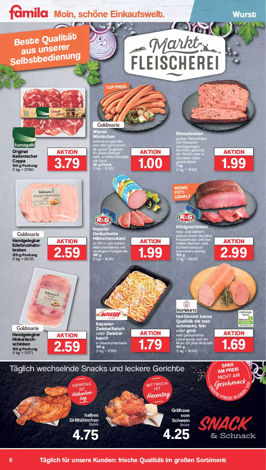 Aktueller Prospekt Famila - Prospekte - von 18.03 bis 23.03.2024 - strona 6 - produkty: axe, Bau, braten, brot, buch, eintopf, eis, fleisch, fleischkäse, gewürz, gin, grill, grillhähnchen, grillhaxe, Hähnchenfleisch, Haxe, hinterkochschinken, Holz, kartoffel, kartoffelsalat, Käse, kasseler, kochschinken, kräuter, kräutern, leberwurst, mac, marinade, mit pistazien, pistazien, Rauch, reis, Ria, salami, salat, salz, schinken, schnitten, schwein, senf, snack, snacks, Ti, topf, truthahn, wein, wiener, wiener würstchen, wurst, würstchen, zwiebel