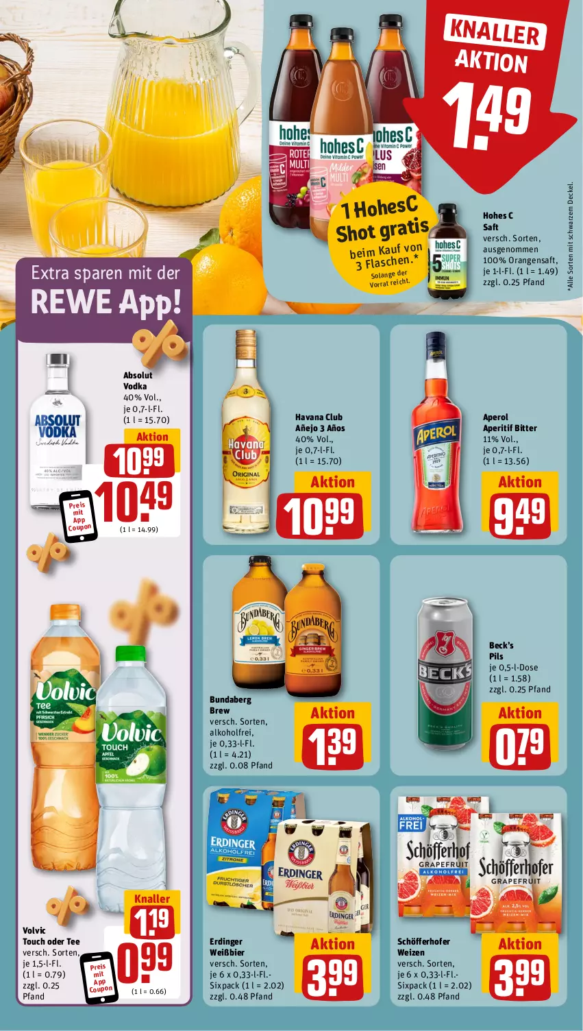 Aktueller Prospekt Rewe - Prospekte - von 11.11 bis 16.11.2024 - strona 12 - produkty: Absolut Vodka, alkohol, aperitif, aperol, bier, Bundaberg, coupon, decke, Deckel, eis, erdinger, Havana Club, Hohes C, orange, orangen, orangensaft, pils, reis, saft, schöfferhofer, tee, Ti, vodka, volvic