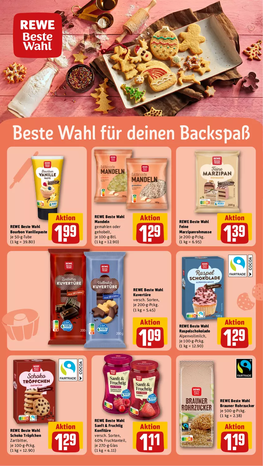 Aktueller Prospekt Rewe - Prospekte - von 11.11 bis 16.11.2024 - strona 13 - produkty: bourbon, bourbon vanille, braun, frucht, konfitüre, mandel, mandeln, marzipan, milch, rewe beste wahl, rohrzucker, schoko, schokolade, Ti, vanille, vollmilch, zucker