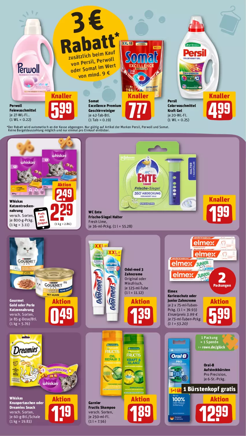 Aktueller Prospekt Rewe - Prospekte - von 11.11 bis 16.11.2024 - strona 14 - produkty: aufsteckbürsten, auto, bürste, bürsten, colorwaschmittel, coupon, creme, dreamies, eis, elle, elmex, ente, feinwaschmittel, fructis, garnier, geschirr, gin, gourmet gold, katzennahrung, kraft, Odol, Odol-med 3, oral-b, persil, perwoll, reiniger, reis, Schal, Schale, shampoo, snack, somat, Tasche, taschen, Ti, tisch, waschmittel, wc ente, whiskas, zahncreme