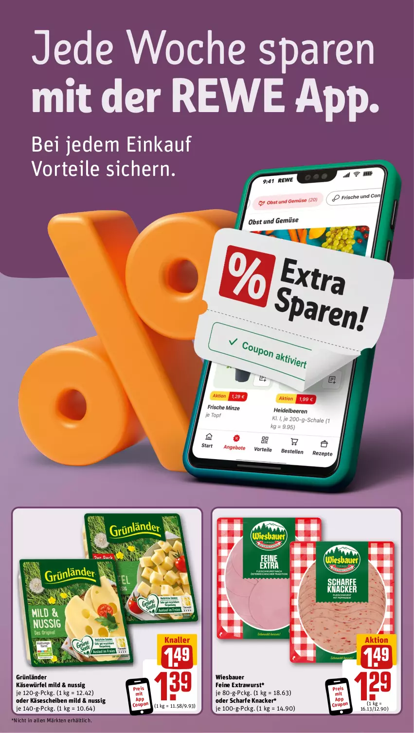 Aktueller Prospekt Rewe - Prospekte - von 11.11 bis 16.11.2024 - strona 2 - produkty: auer, Bau, Bauer, coupon, eis, grünländer, Käse, käsescheiben, knacker, nuss, reis, Ti, wiesbauer, würfel, wurst