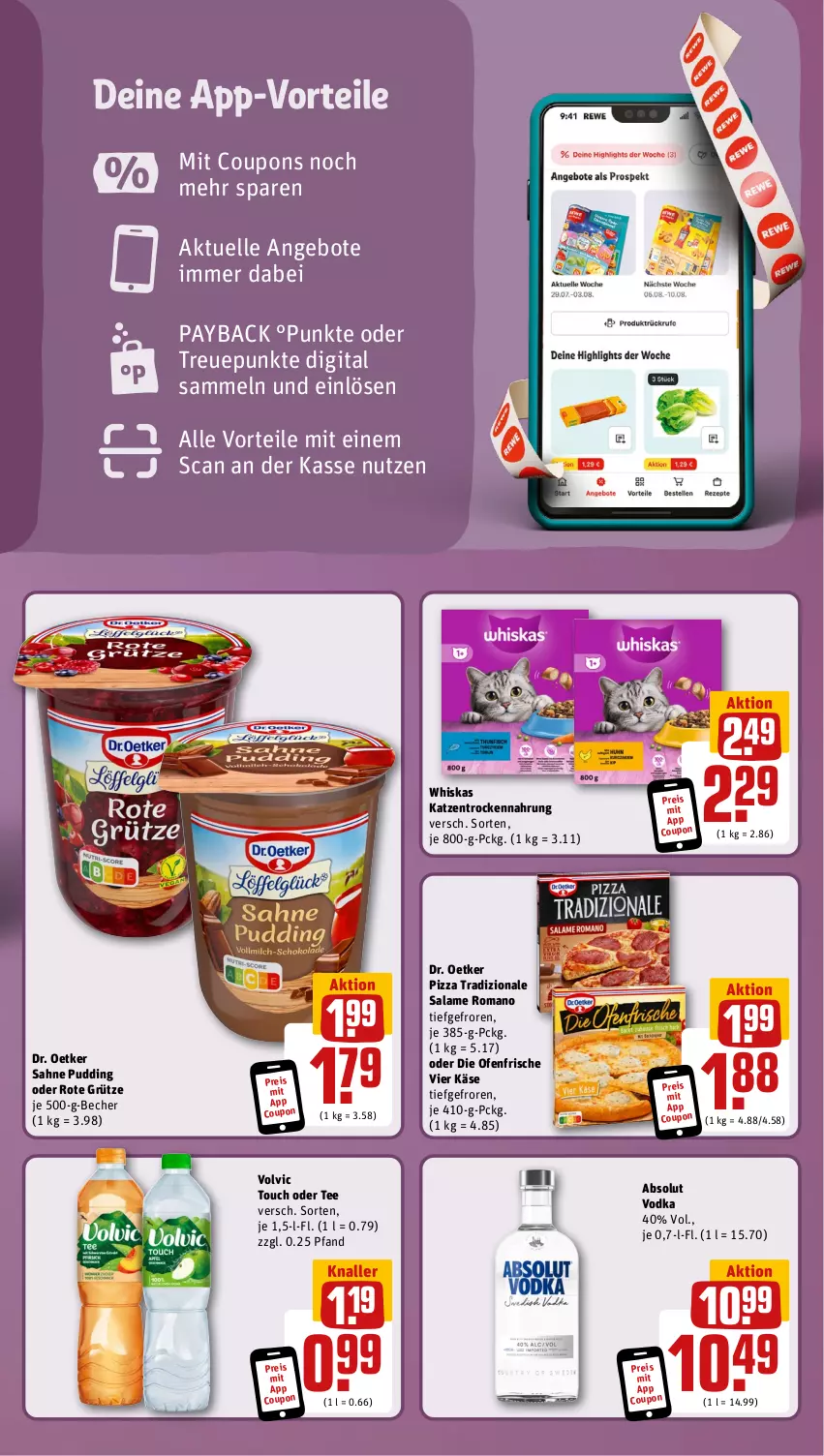 Aktueller Prospekt Rewe - Prospekte - von 11.11 bis 16.11.2024 - strona 3 - produkty: Absolut Vodka, angebot, angebote, Becher, coupon, coupons, die ofenfrische, Dr. Oetker, eis, elle, grütze, Käse, Ofen, payback, pizza, pizza tradizionale, pudding, reis, Rote Grütze, sahne, salame romano, tee, Ti, tradizionale, vodka, volvic, whiskas