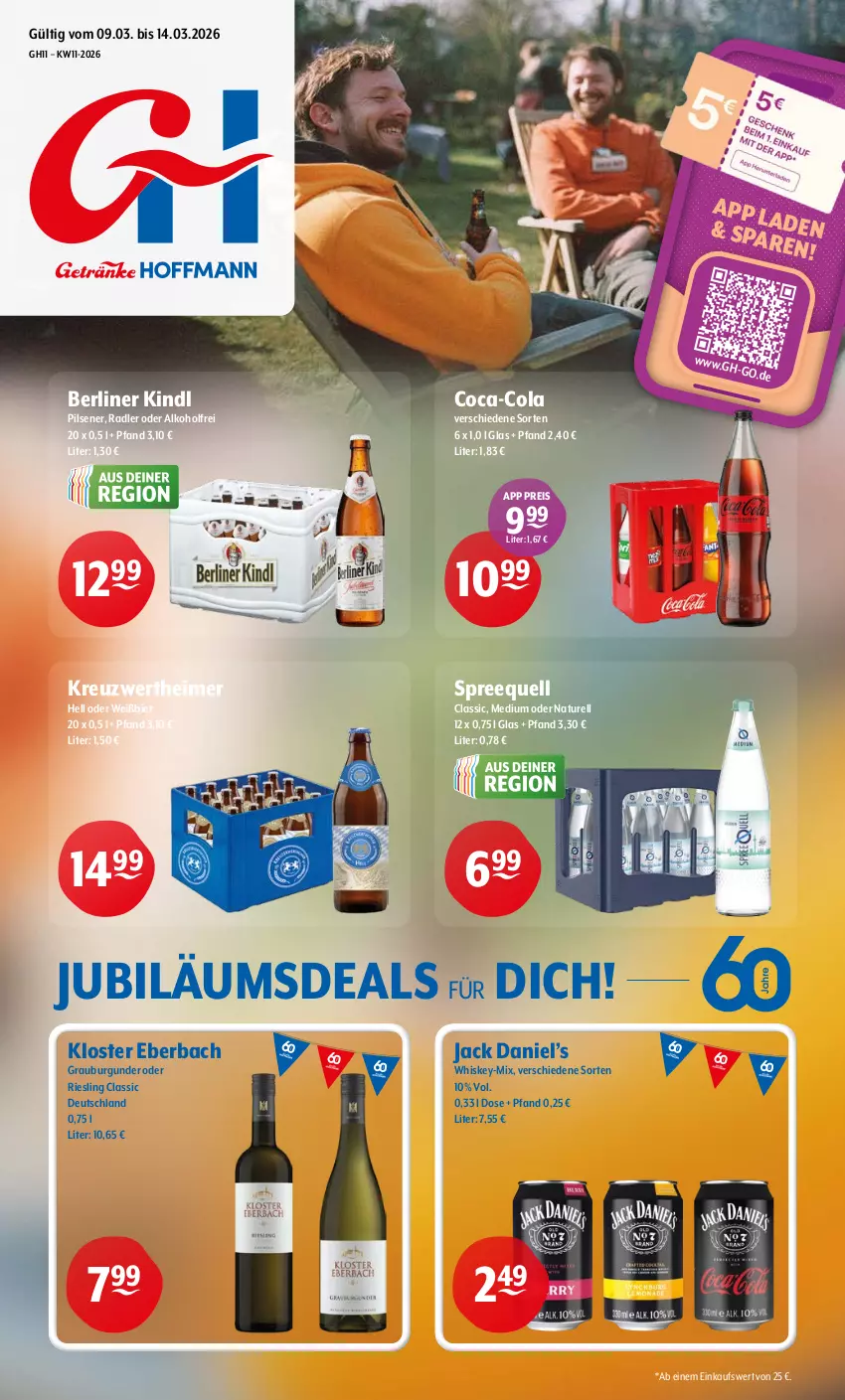 Aktueller Prospekt Getraenke Hoffmann - Prospekte - von 09.03 bis 14.03.2026 - strona 1 - produkty: alkohol, berliner, berliner kindl, bier, burgunder, coca-cola, cola, eimer, eis, grauburgunder, jack daniel, Jack Daniel’s, Jubiläums, Kloster Eberbach, natur, pils, pilsener, radler, reis, rel, riesling, Spreequell, Ti, whiskey
