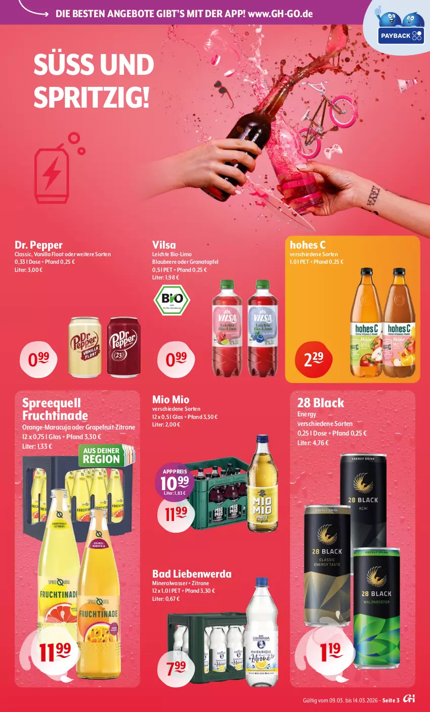 Aktueller Prospekt Getraenke Hoffmann - Prospekte - von 09.03 bis 14.03.2026 - strona 3 - produkty: Alwa, angebot, angebote, apfel, Bad, Bad Liebenwerda, beere, bio, Blaubeer, blaubeere, eis, frucht, grana, granatapfel, grapefruit, Hohes C, lack, limo, maracuja, mineralwasser, Mio Mio, orange, Rana, reis, Spreequell, Ti, vilsa, wasser, zitrone