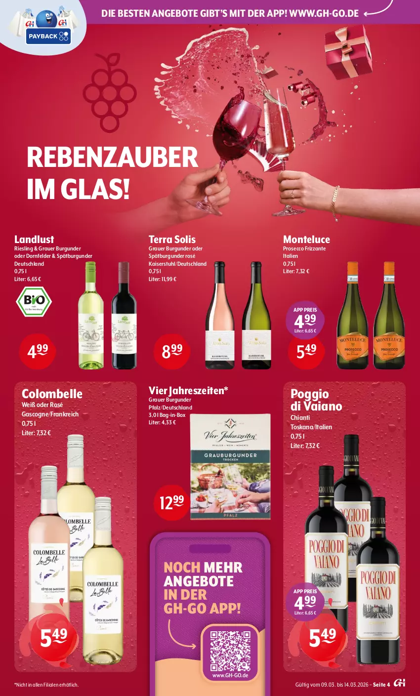 Aktueller Prospekt Getraenke Hoffmann - Prospekte - von 09.03 bis 14.03.2026 - strona 4 - produkty: angebot, angebote, auer, bag-in-box, burgunder, chia, chianti, dornfelder, ecco, eis, elle, frizzante, grauer burgunder, Kaiser, monte, prosecco, reis, riesling, spätburgunder, stuhl, Ti