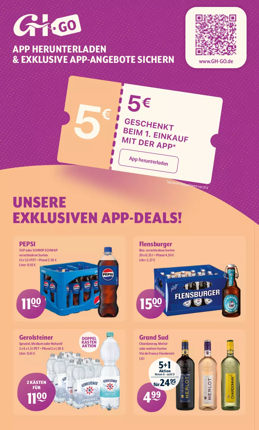 Aktueller Prospekt Getraenke Hoffmann - Prospekte - von 09.03 bis 14.03.2026 - strona 9 - produkty: 7UP, angebot, angebote, bier, burger, chardonnay, flensburger, gerolsteine, gerolsteiner, grand sud, merl, merlot, natur, pepsi, rel, Schwip Schwap, Sprudel, steiner, Ti, vin de france