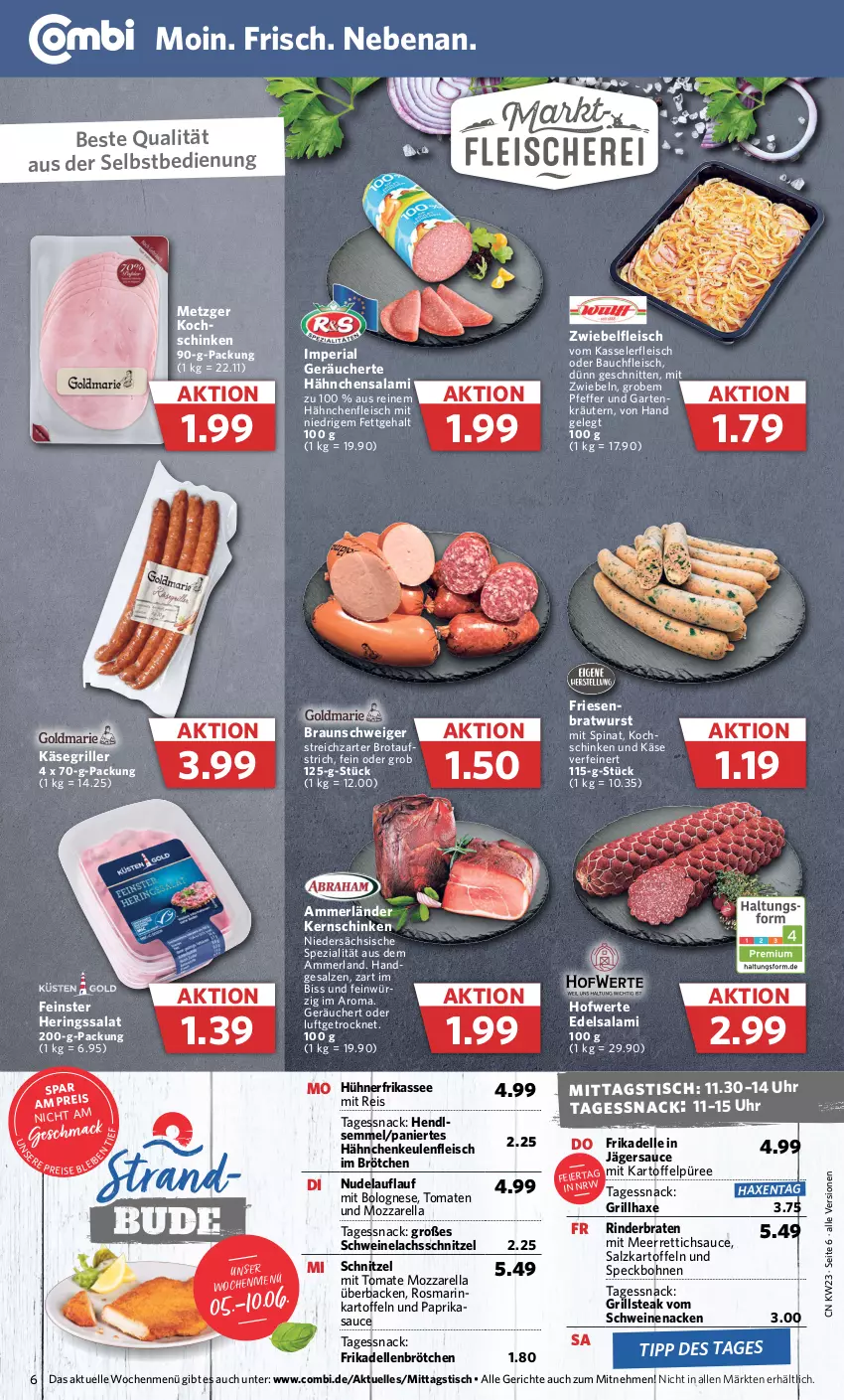 Aktueller Prospekt Combi - Prospekte - von 05.06 bis 10.06.2023 - strona 10 - produkty: axe, Bau, bohne, bohnen, bolognese, braten, bratwurst, braun, brot, brötchen, dell, Edelsalami, eier, eis, elle, fleisch, frikadellen, Garten, grill, grillhaxe, Hähnchenfleisch, Haxe, Hendl, hering, Herings, hühner, kartoffel, kartoffeln, Kartoffelpüree, Käse, kasseler, kernschinken, kräuter, kräutern, lachs, mac, meerrettich, merl, mit zwiebeln, mozzarella, nerf, nudel, paprika, pfeffer, püree, reis, rel, Rettich, Ria, rind, rinder, rinderbraten, ring, rosmarin, salami, salat, salz, sauce, schinken, schnitten, schnitzel, schwein, schweine, Schweinelachs, schweinenacken, Semmel, snack, Speck, Spezi, spinat, steak, Streichzart, Ti, tisch, tomate, tomaten, uhr, vom schweinenacken, wein, weine, wurst, zwiebel, zwiebeln