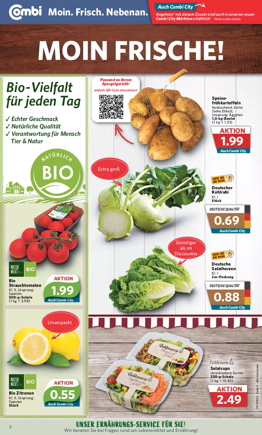 Aktueller Prospekt Combi - Prospekte - von 05.06 bis 10.06.2023 - strona 2 - produkty: angebot, angebote, beutel, bio, discount, eis, Frühkartoffeln, kartoffel, kartoffeln, kohlrabi, lebensmittel, LG, mac, natur, Rauch, salat, salatherzen, Schal, Schale, spargel, strauchtomaten, Ti, tomate, tomaten, zitrone, zitronen