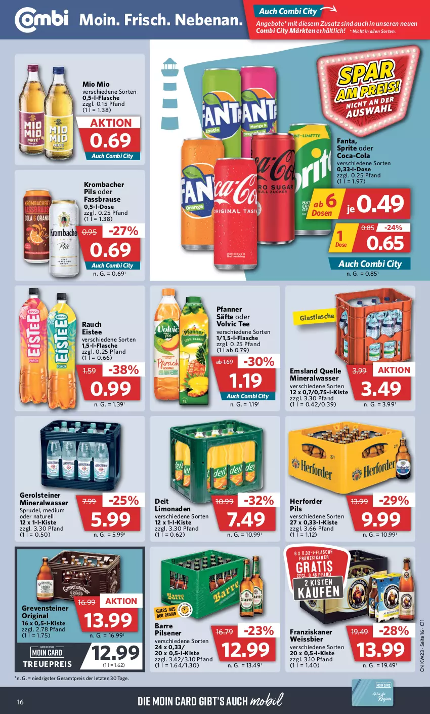 Aktueller Prospekt Combi - Prospekte - von 05.06 bis 10.06.2023 - strona 20 - produkty: Alwa, angebot, angebote, bier, brause, coca-cola, cola, deit, eis, eistee, elle, fanta, fassbrause, flasche, franziskaner, gerolsteine, gerolsteiner, gin, glasflasche, grevensteiner, krombache, krombacher, krombacher pils, limo, limonade, limonaden, mineralwasser, Mio Mio, natur, pfanne, Pfanner, pils, pilsener, Rauch, reis, rel, säfte, sprite, Sprudel, steiner, tee, Ti, volvic, wasser, weissbier, ZTE