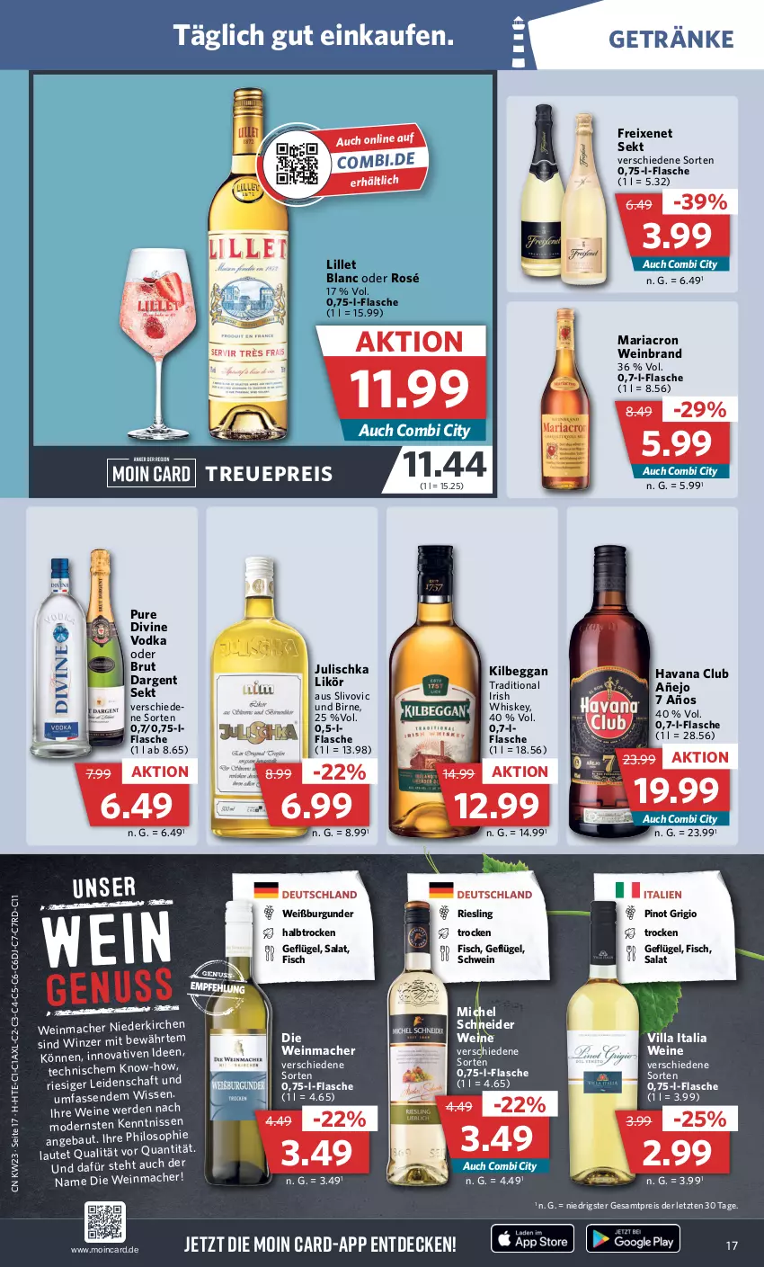 Aktueller Prospekt Combi - Prospekte - von 05.06 bis 10.06.2023 - strona 21 - produkty: Bau, brut, brut dargent, burgunder, decke, eis, erde, fisch, flasche, freixenet, Geflügel, getränk, getränke, Havana Club, irish whiskey, Julischka, kilbeggan, LG, likör, lillet, mac, mariacron, Michel Schneider, Mode, Pinot, pinot grigio, reis, Ria, riesling, salat, schwein, sekt, Ti, vodka, wein, weinbrand, weine, Weißburgunder, whiskey, ZTE