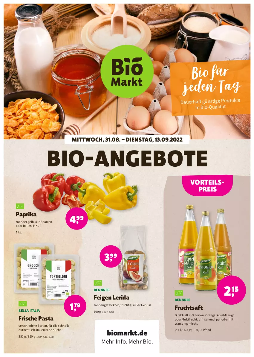 Aktueller Prospekt Denns Biomarkt - Prospekte - von 31.08 bis 13.09.2022 - strona 1 - produkty: angebot, angebote, apfel, auer, bio, dennree, direktsaft, eis, elle, Feigen, Frische Pasta, frucht, fruchtsaft, küche, mango, nuss, orange, paprika, paprika rot, pasta, reis, saft, Ti, tisch, vorteilspreis, wasser