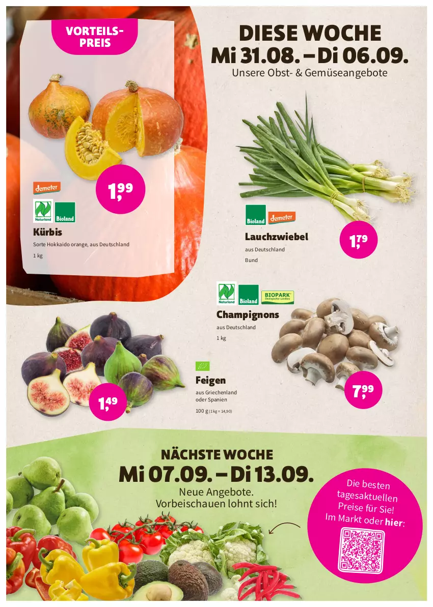 Aktueller Prospekt Denns Biomarkt - Prospekte - von 31.08 bis 13.09.2022 - strona 4 - produkty: angebot, angebote, champignon, champignons, eis, elle, Feigen, Kürbis, Lauchzwiebel, obst, orange, reis, vorteilspreis, zwiebel