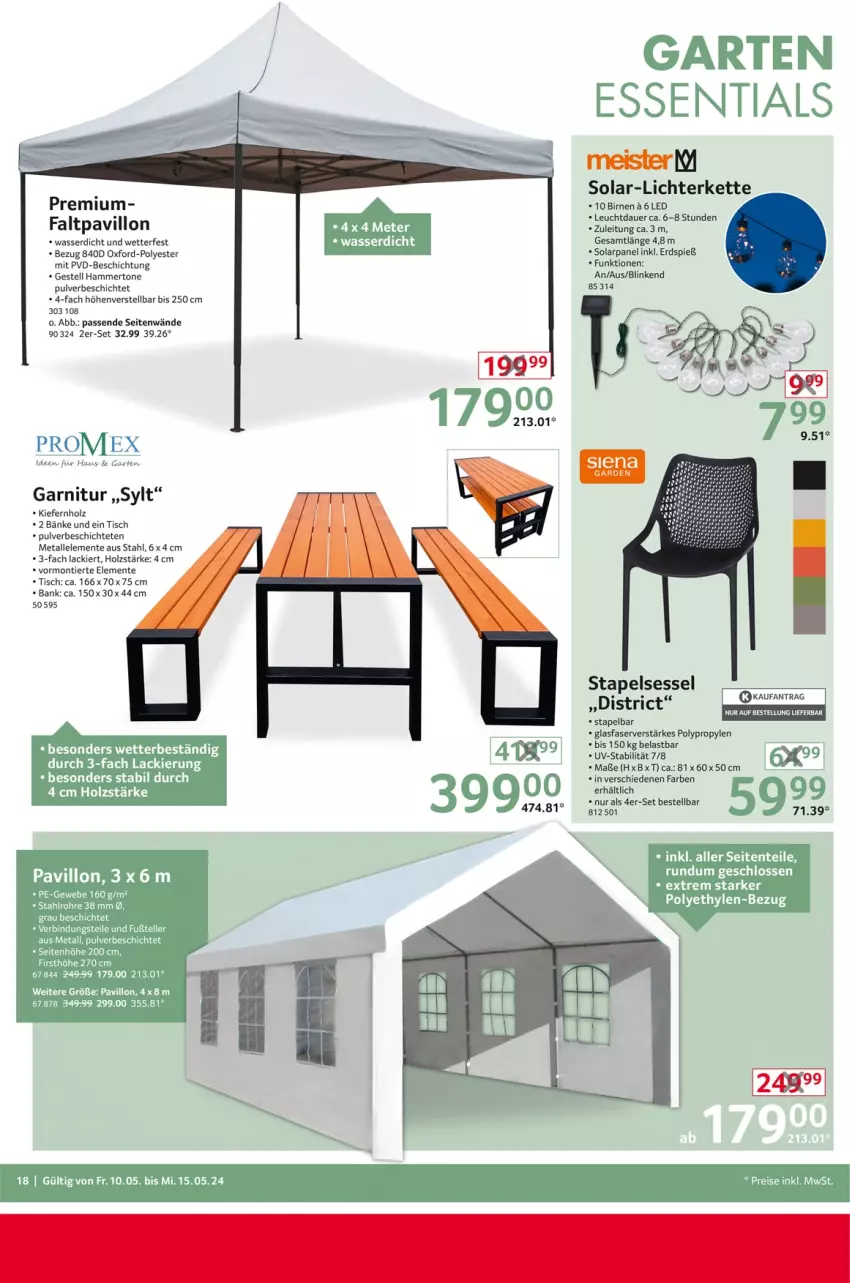 Aktueller Prospekt Selgros - Non Food - von 10.05 bis 15.05.2024 - strona 18 - produkty: auer, Bank, Birnen, eis, elle, ente, Faltpavillon, garnitur, Garten, Holz, Kette, lack, lichterkette, Meister, pavillon, sessel, stapelsessel, tee, teller, Ti, tisch, wasser