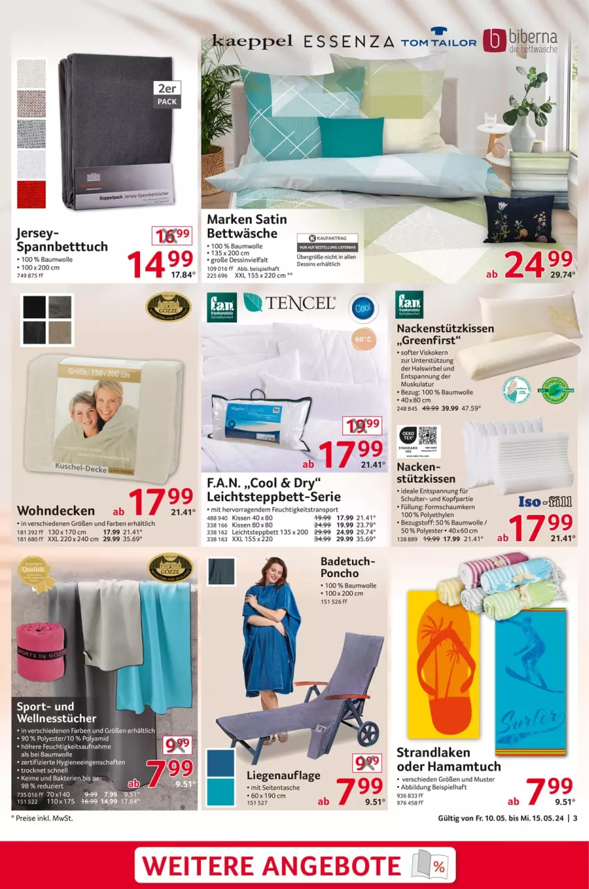 Aktueller Prospekt Selgros - Non Food - von 10.05 bis 15.05.2024 - strona 3 - produkty: angebot, angebote, Bad, badetuch, Bau, baumwolle, bett, Betttuch, bettwäsche, decke, eis, hama, Hamamtuch, kissen, Liege, mam, nackenstützkissen, reis, spannbetttuch, Sport, steppbett, strandlaken, Tasche, Ti, tuc, tücher, wolle