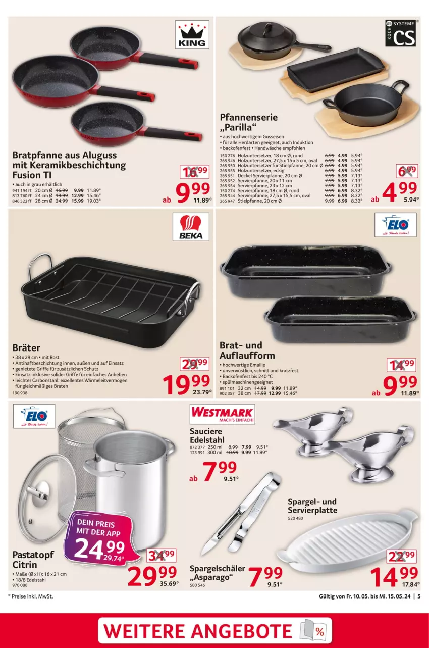 Aktueller Prospekt Selgros - Non Food - von 10.05 bis 15.05.2024 - strona 5 - produkty: angebot, angebote, backofen, braten, bratpfanne, decke, Deckel, edelstahl, eis, elle, ente, herdarten, Holz, latte, mac, maille, Ofen, pasta, pfanne, pfannen, reis, spargel, spülmaschinen, Stielpfanne, Ti, topf, Untersetzer