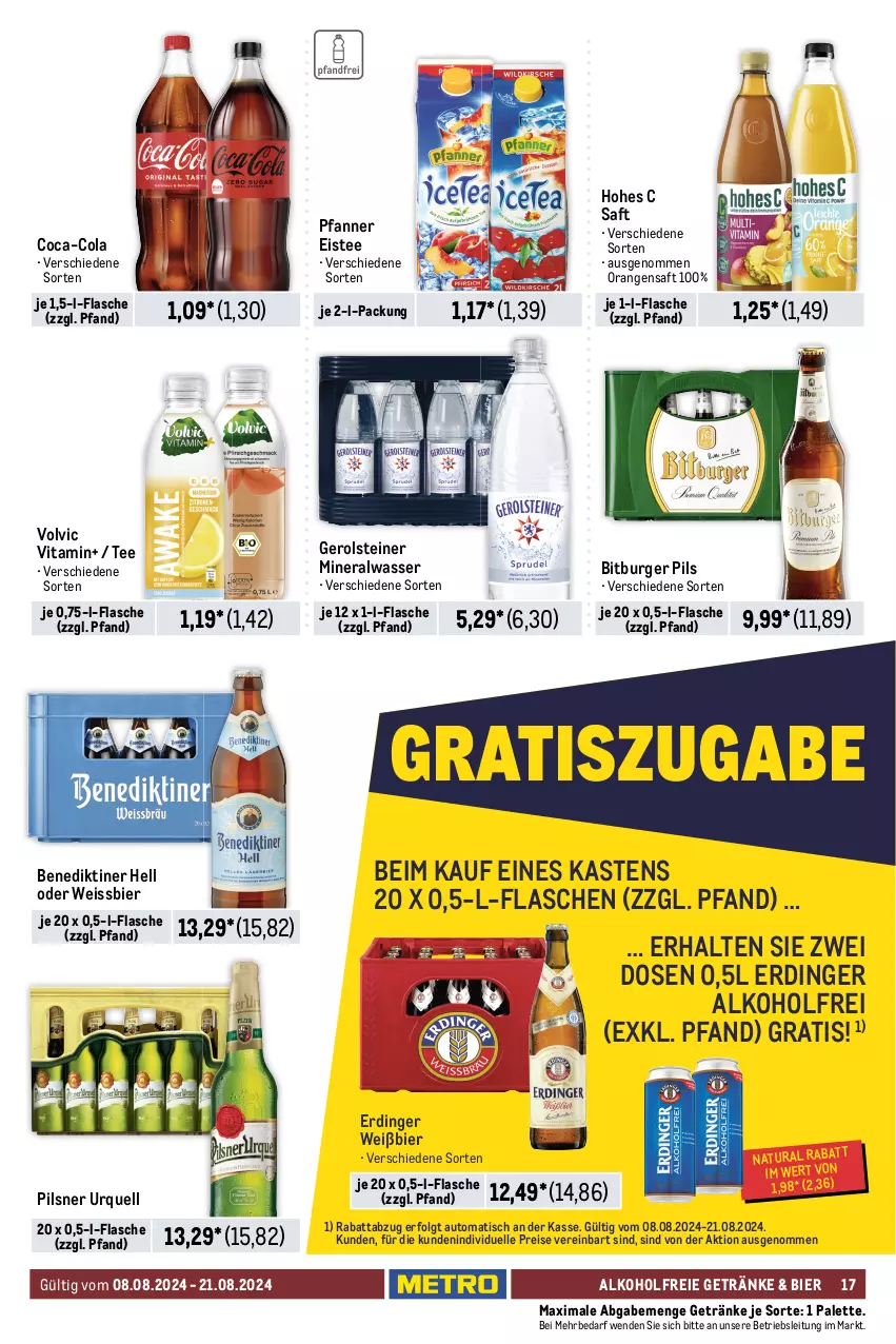 Aktueller Prospekt Metro - Food-NonFood - von 08.08 bis 21.08.2024 - strona 17 - produkty: alkohol, alkoholfreie getränke, Alwa, auto, Benediktiner, bier, bitburger, bitburger pils, brownie, brownies, burger, chio chips, chips, coca-cola, cola, eis, eistee, elle, erdinger, flasche, gerolsteine, gerolsteiner, getränk, getränke, haribo, Hohes C, knoppers, LG, milka, mineralwasser, natur, natura, nuss, nussriegel, orange, orangen, orangensaft, Palette, pfanne, Pfanner, pils, pilsner, pilsner urquell, reis, riegel, saft, salz, schoko, schokolade, schokoladen, steiner, tafelschokolade, tee, Ti, tisch, vita, volvic, wasser, weissbier