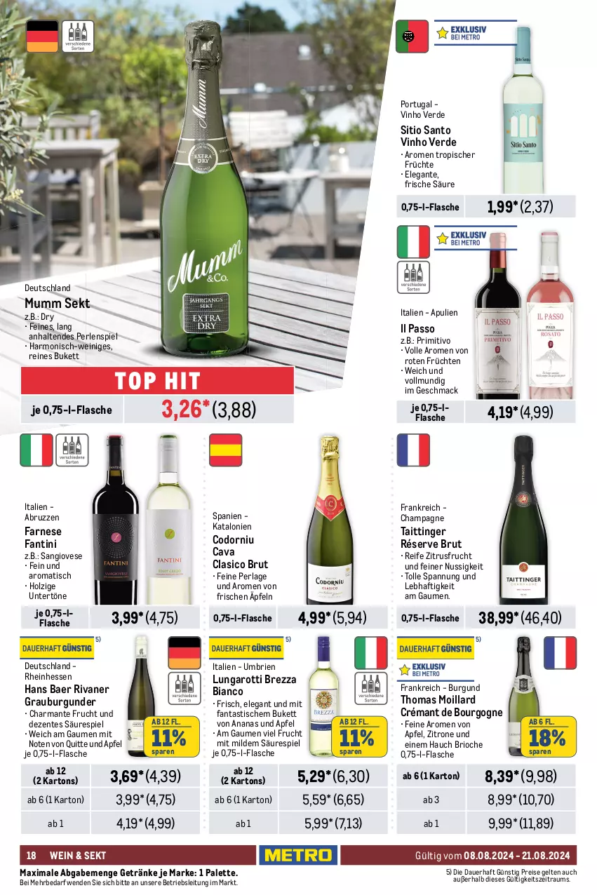 Aktueller Prospekt Metro - Food-NonFood - von 08.08 bis 21.08.2024 - strona 18 - produkty: ananas, aperol, apfel, asti, auer, Bourgogne, brie, brut, burgunder, canon, Cava, champagne, Cognac, coupon, dry gin, eis, elle, ente, erde, fanta, finsbury, flasche, frucht, früchte, früchten, getränk, getränke, gin, grauburgunder, harman, Holz, irish whiskey, jameson, london dry, london dry gin, mac, mumm, nuss, ouzo, ouzo 12, Palette, passo, perla, perlen, pircher, primitivo, reis, Rivaner, sekt, smirnoff, spirituosen, Ti, tisch, vinho verde, vodka, wein, whiskey, zitrone