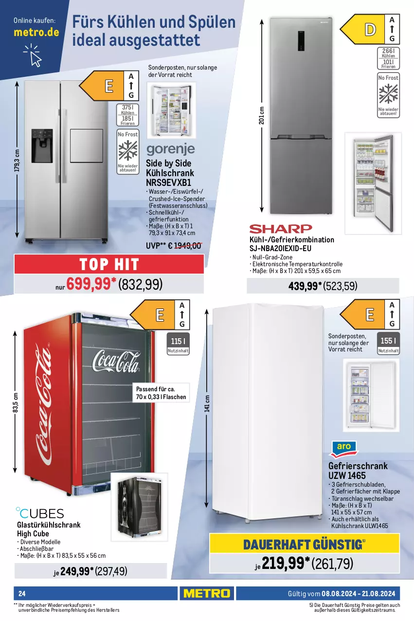 Aktueller Prospekt Metro - Food-NonFood - von 08.08 bis 21.08.2024 - strona 24 - produkty: auer, Bau, beleuchtung, decke, dell, eis, eiswürfel, Elektro, elle, flasche, gefrierkombination, gefrierschrank, geschirr, geschirrspüler, Glastür, klarspüler, kühlschrank, Metro, Mode, Reinigung, reis, salz, Schrank, schubladen, sonderposten, Spülen, teller, Ti, tisch, türanschlag wechselbar, wasser, würfel