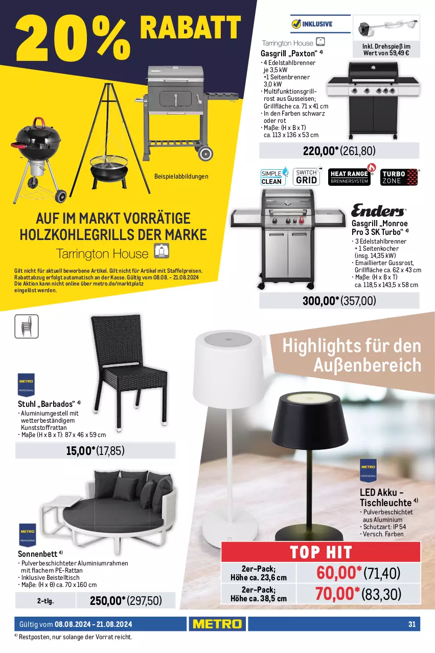 Aktueller Prospekt Metro - Food-NonFood - von 08.08 bis 21.08.2024 - strona 31 - produkty: akku, aluminiumgestell, auer, auto, Bad, beispielabbildung, beistelltisch, besteck, besteckset, bett, edelstahl, eis, elle, erde, gabel, gasgrill, gefrierfach, geschirr, grill, grillfläche, grillrost, Holz, holzkohle, holzkohlegrill, HP, kaffee, kartoffel, knoblauch, Knoblauchpresse, Kocher, Kohlegrill, küche, kuchen, Küchen, Küchenhelfer, Leuchte, LG, Löffel, messer, Metro, mikrowelle, Pax, pfanne, pfannen, Pfannenwender, reis, spülmaschinen, stuhl, teller, Ti, tisch, tischleuchte, wein