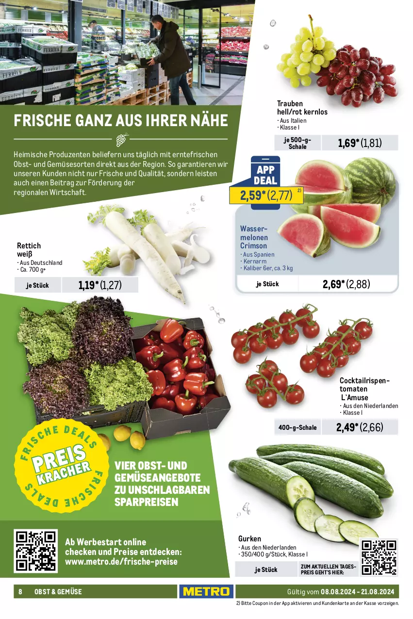 Aktueller Prospekt Metro - Food-NonFood - von 08.08 bis 21.08.2024 - strona 8 - produkty: angebot, angebote, Becher, beutel, brötchen, cocktail, coupon, creme, decke, Donut, donuts, eis, eiscreme, elle, ente, frankfurter, gurke, gurken, Kranz, mccain, melone, melonen, Metro, Mochi, obst, reis, Rettich, rispentomaten, Schal, Schale, schnitten, Schöller, Ti, tiefkühlkost, Tiere, tomate, tomaten, trauben, und gemüse, wasser, wassermelone, wassermelonen