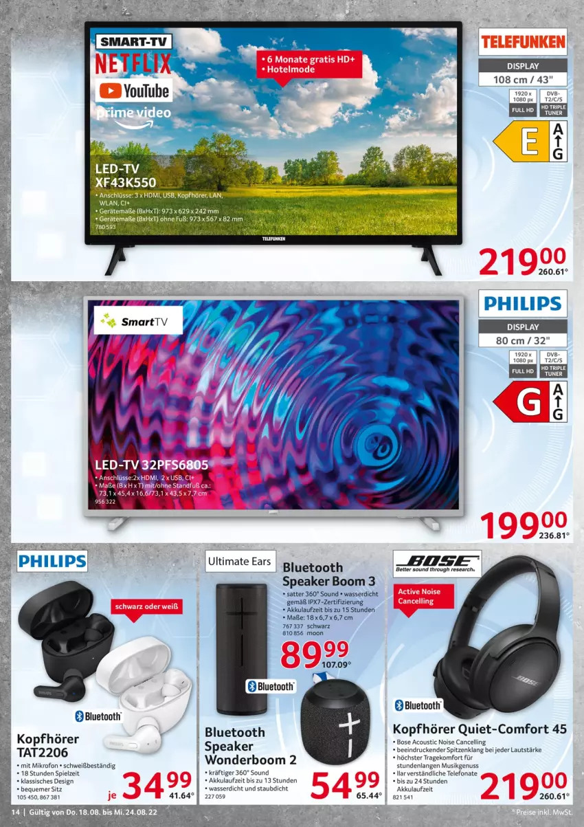 Aktueller Prospekt Selgros - Nonfood - von 18.08 bis 24.08.2022 - strona 14 - produkty: akku, bett, Bose, dvb, HDMI, kopfhörer, Mode, nuss, tee, telefon, telefunken, Ti, tuner, usb, wasser, Yo