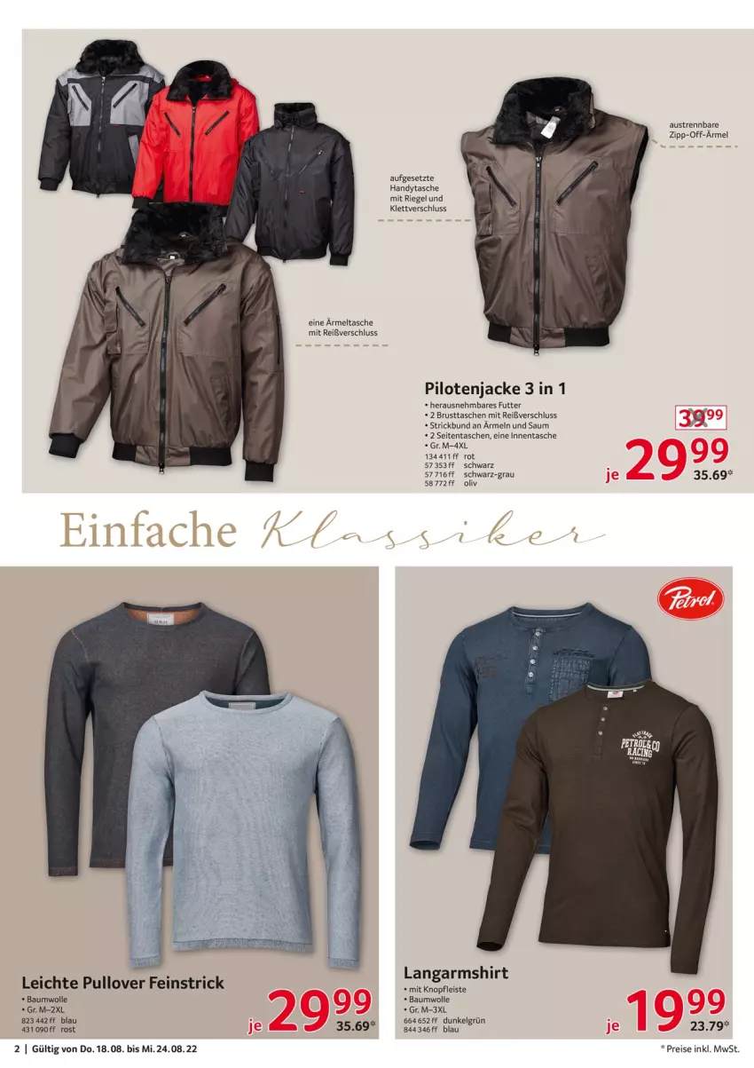 Aktueller Prospekt Selgros - Nonfood - von 18.08 bis 24.08.2022 - strona 2 - produkty: aust, Bau, baumwolle, eis, Handy, Handytasche, Jacke, Langarmshirt, Pullover, reis, riegel, shirt, Tasche, taschen, Ti, wolle, ZTE