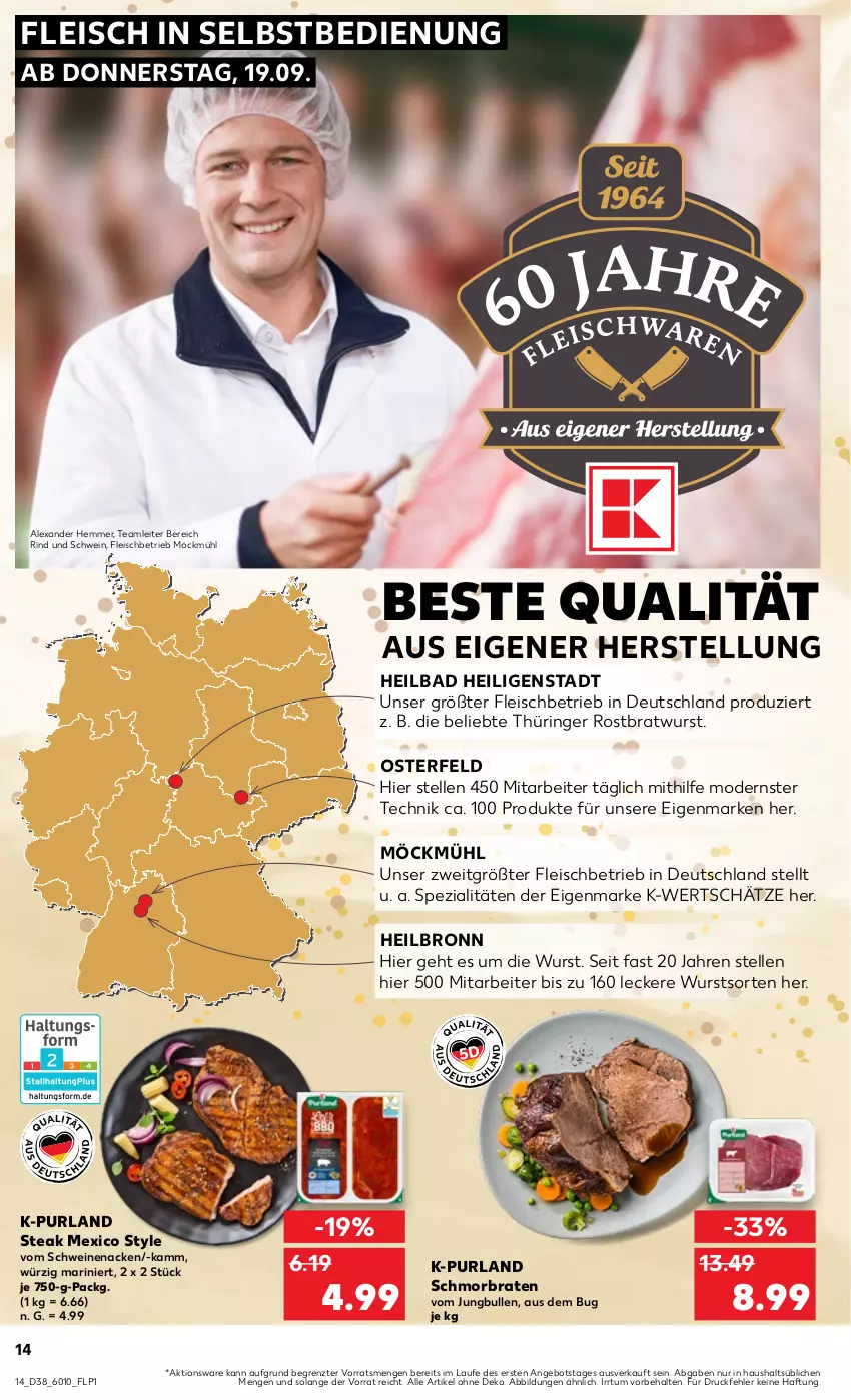 Aktueller Prospekt Kaufland - Prospekt - von 19.09 bis 25.09.2024 - strona 14 - produkty: alexa, angebot, Bad, braten, bratwurst, eis, elle, fleisch, fleisch in selbstbedienung, jungbullen, Mode, purland, rind, ring, rostbratwurst, schmorbraten, schwein, schweine, schweinenacken, Spezi, steak, thüringer rostbratwurst, Ti, vom schweinenacken, wein, weine, wurst, ZTE