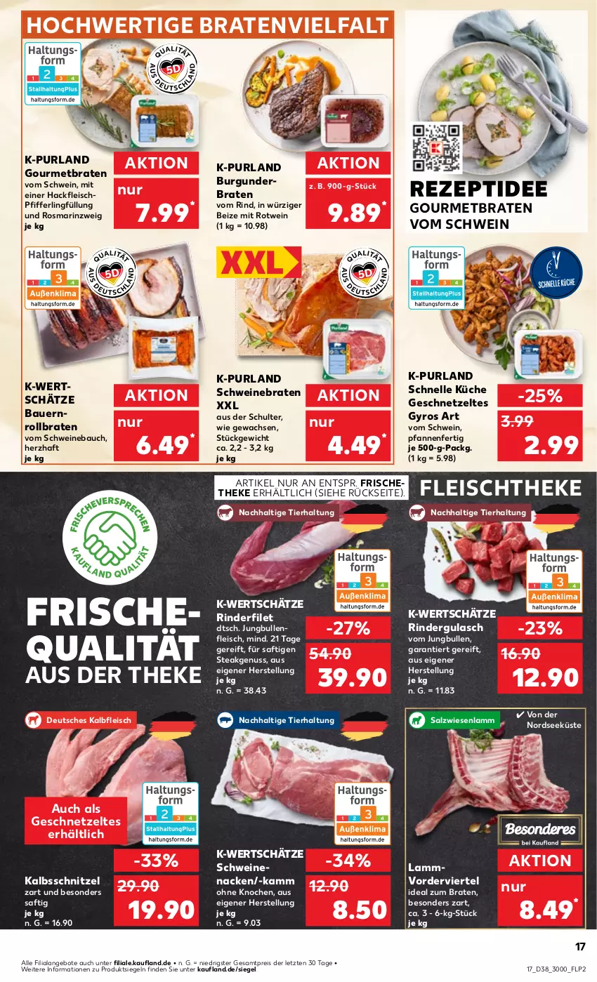 Aktueller Prospekt Kaufland - Prospekt - von 19.09 bis 25.09.2024 - strona 17 - produkty: angebot, angebote, auer, Bau, Bauer, braten, burgunder, eis, elle, filet, fleisch, geschnetzeltes, gulasch, gyros, hackfleisch, HP, ideal zum braten, jungbullen, Kalbfleisch, kalbsschnitzel, küche, lamm, Nordsee, nuss, pfanne, pfannen, purland, reis, rezept, rind, rinder, rinderfilet, rindergulasch, rollbraten, rosmarin, rotwein, saft, salz, schnitzel, schwein, schweine, Schweinebauch, schweinebraten, schweinenacken, steak, Ti, wein, weine, Zelt, ZTE